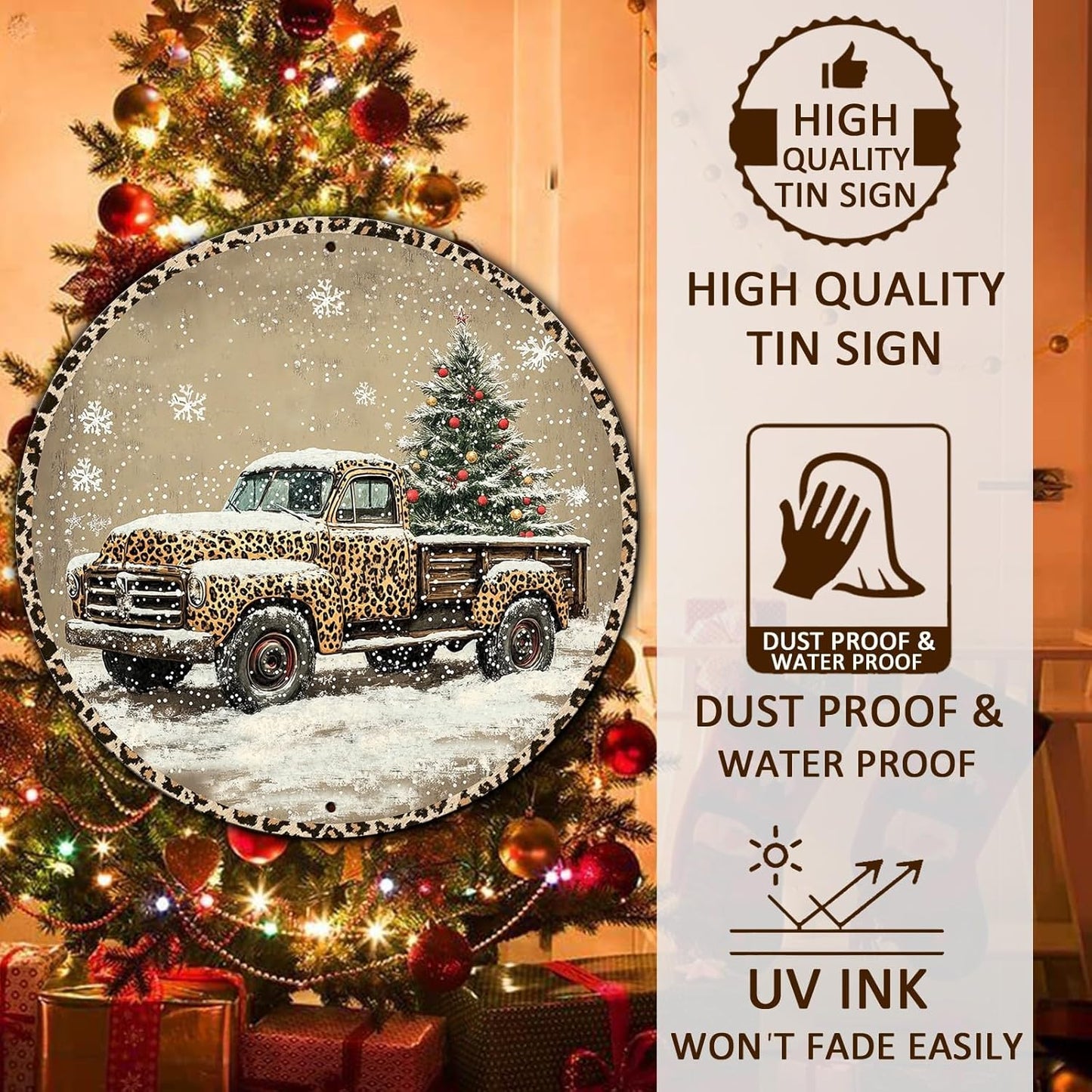 Round Leopard Truck Metal Tin Sign Rustic Wall Decor Christmas Wreath Sign Christmas Wreath Door Hanging Wall Decoration Bar Home Round 8 * 8 in
