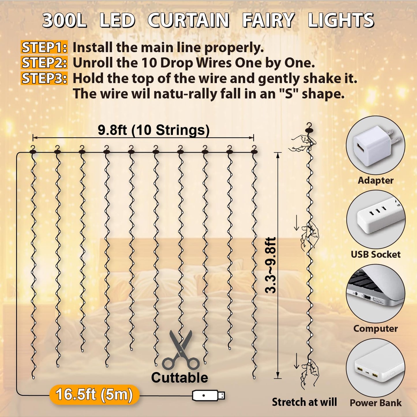 HXWEIYE 300LED Fairy Curtain Lights, 9.8x9.8Ft USB, Remote, 8 Modes & Timer