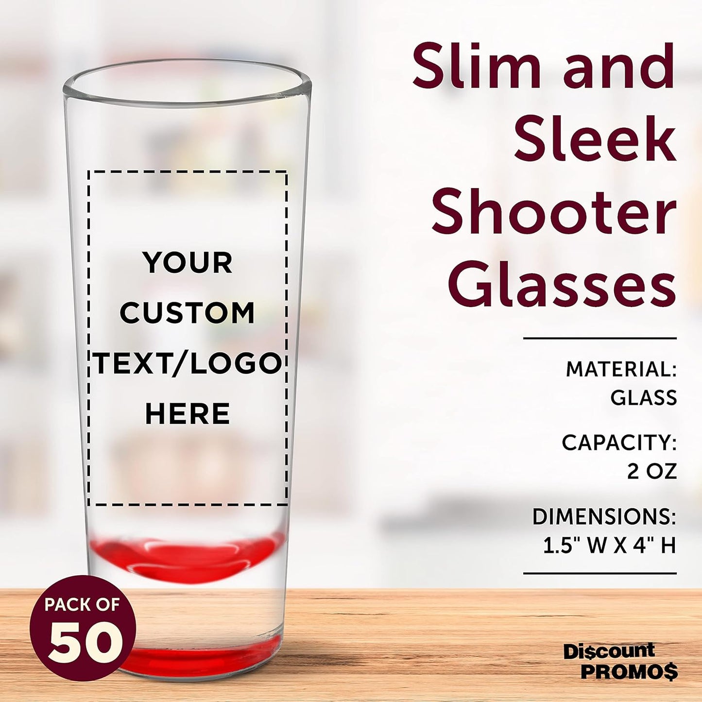 Custom Cordial Shooter Shot Glasses 2 oz. Set of 50, Personalized Bulk Pack - Great for Birthdays, Parties, Indoor & Outdoor Events - Red