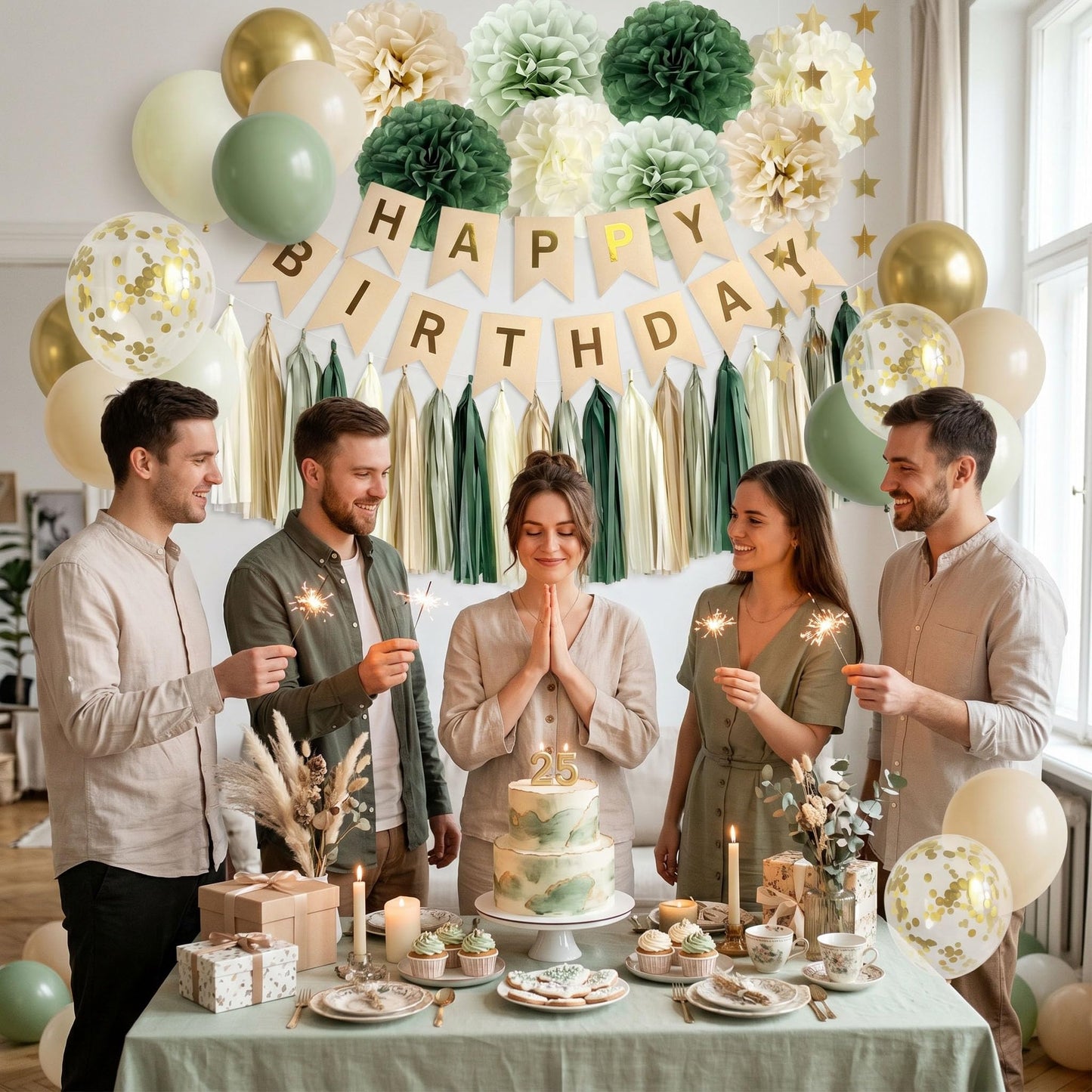 ANSOMO Sage Green Happy Birthday Party Decorations Retro Green Nude Ivory Dark Olive Kraft Paper
