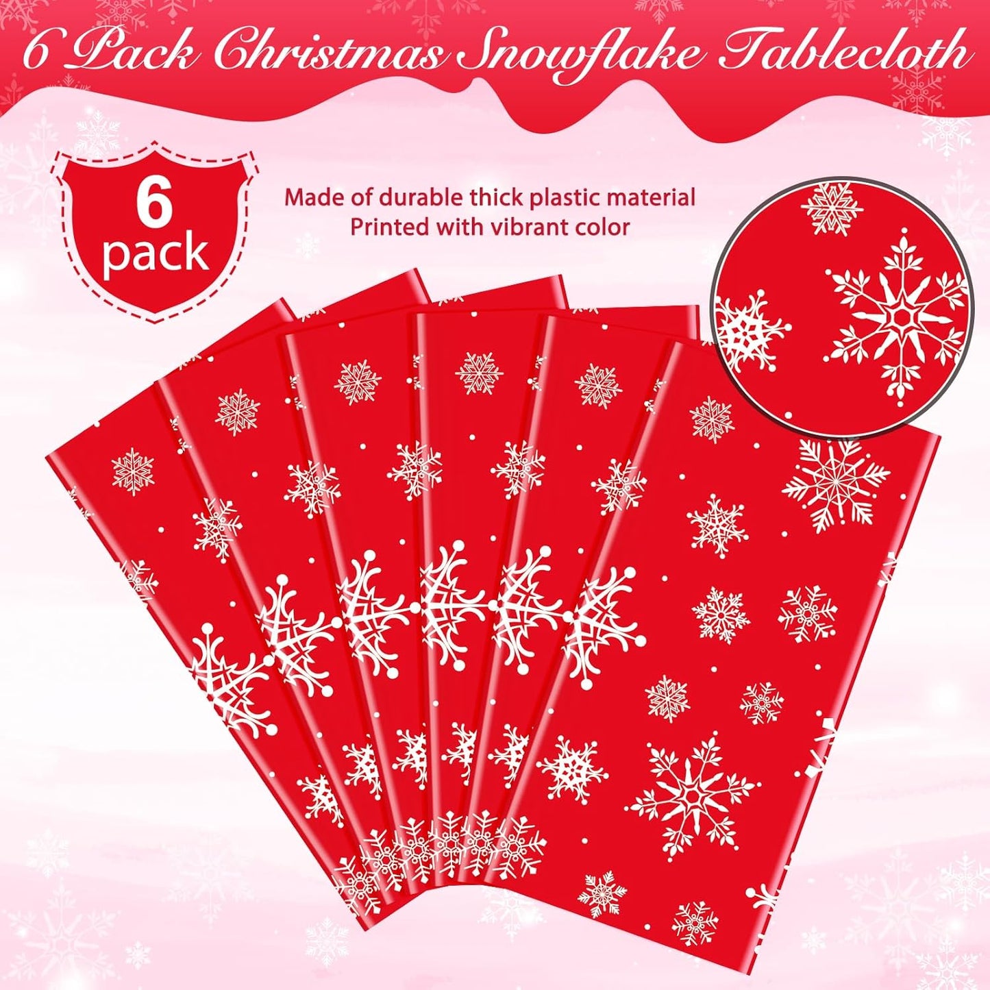 Jectivs 6 Pieces Christmas Snowflake Plastic Party Tablecloth Decorations,White Snowflake Red Xmas Backdrop Sign Table Cover Banner for Winter Christmas Holiday Party Supplies,54x108 inch (Red)