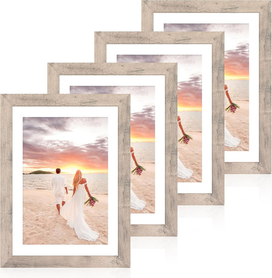 10x14 Picture Frame Set of 4 with Tempered Glass, Smoke Gray Frame Display 8x12 Picture with Mat or 10 x 14 Without Mat, Wood Rustic Photo Frames for Horizontal or Vertical Wall Mounting