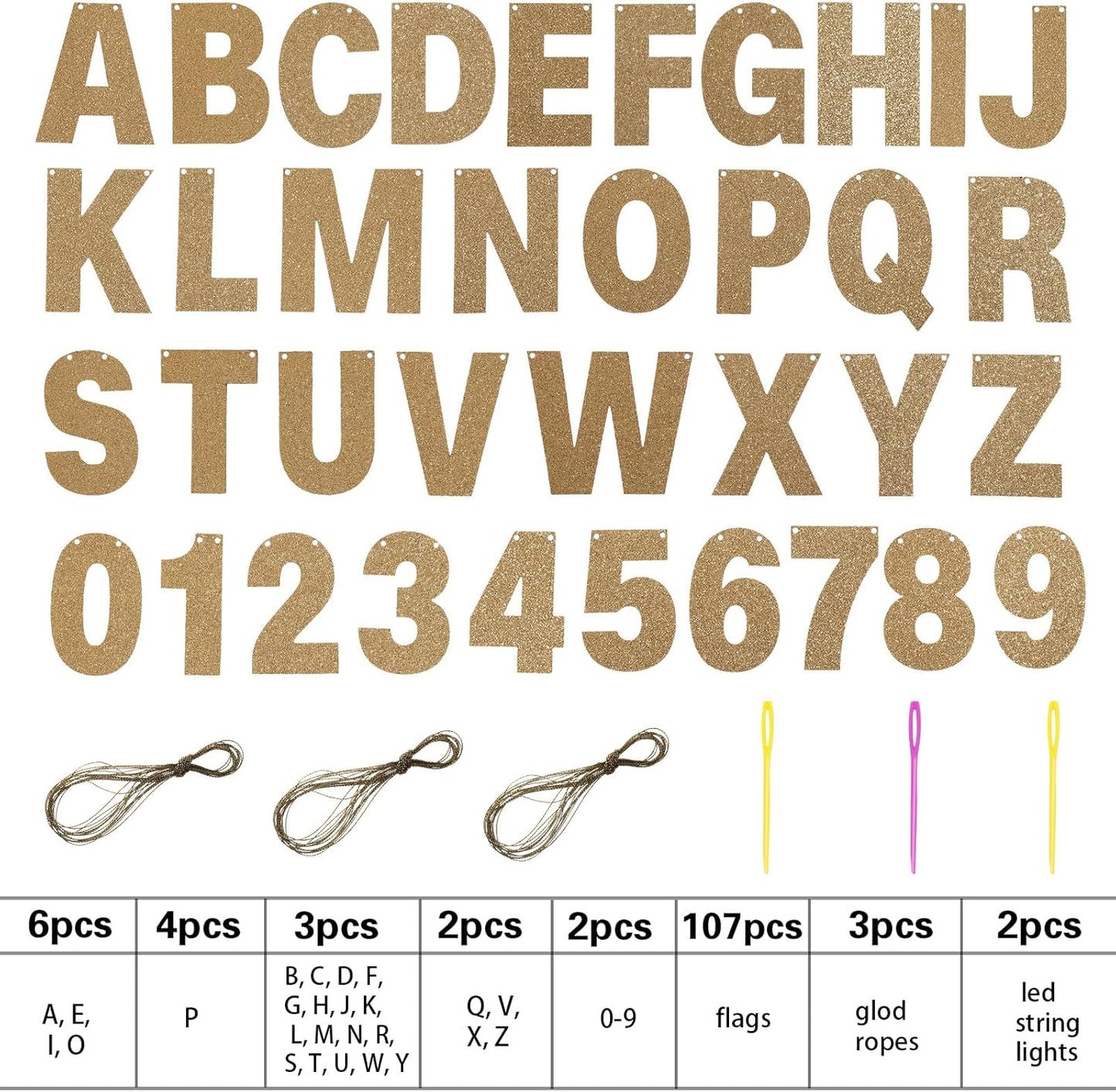 TaoBary 112 Pcs DIY Letter Custom Banner Glitter Customizable Banner Kit Including 107 Letters and Numbers 3 Rope for Valentine Birthday Party(Champagne Gold)