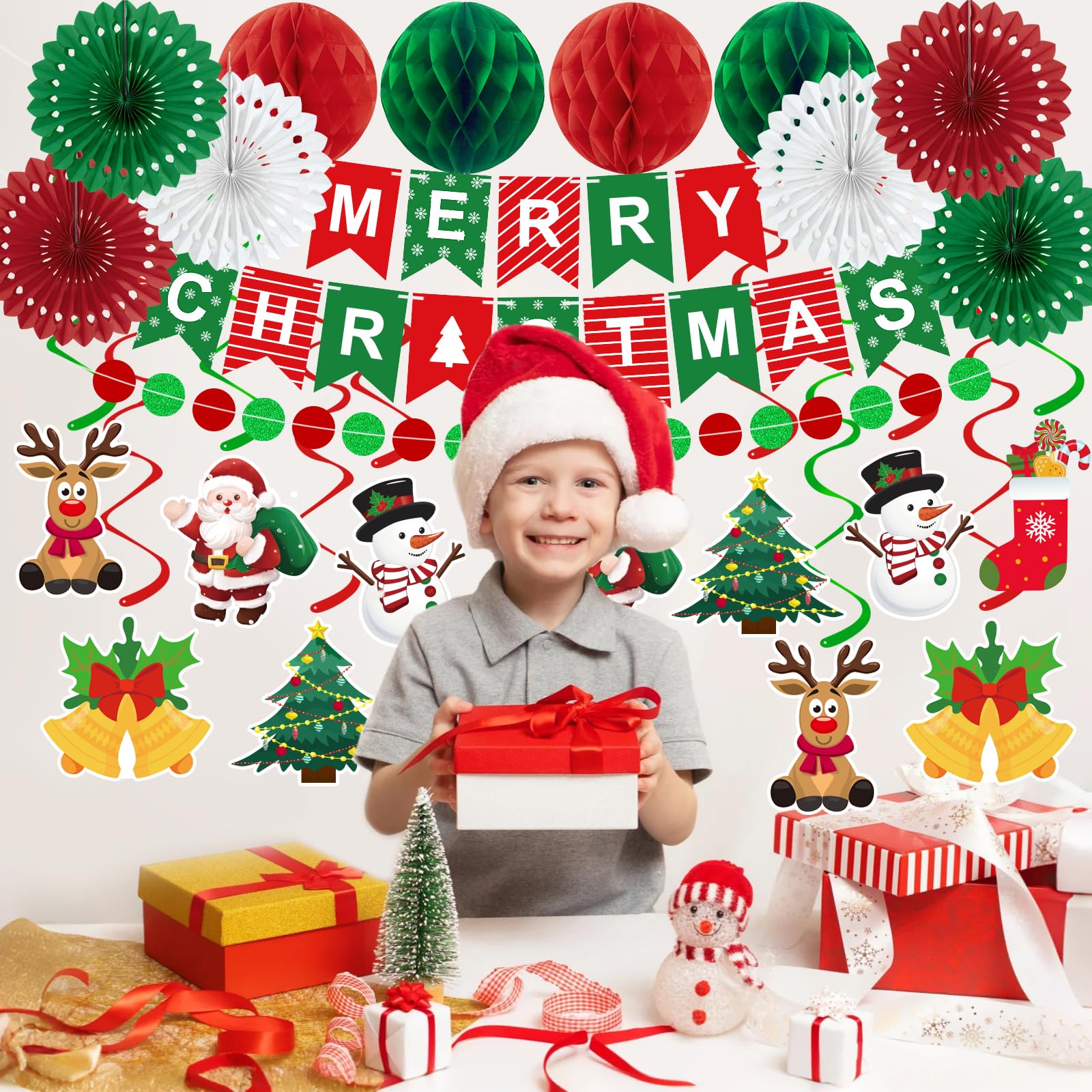 25pcs Christmas Party Decorations Merry Christmas Banner Paper Fan Garlands String Circle Dot
