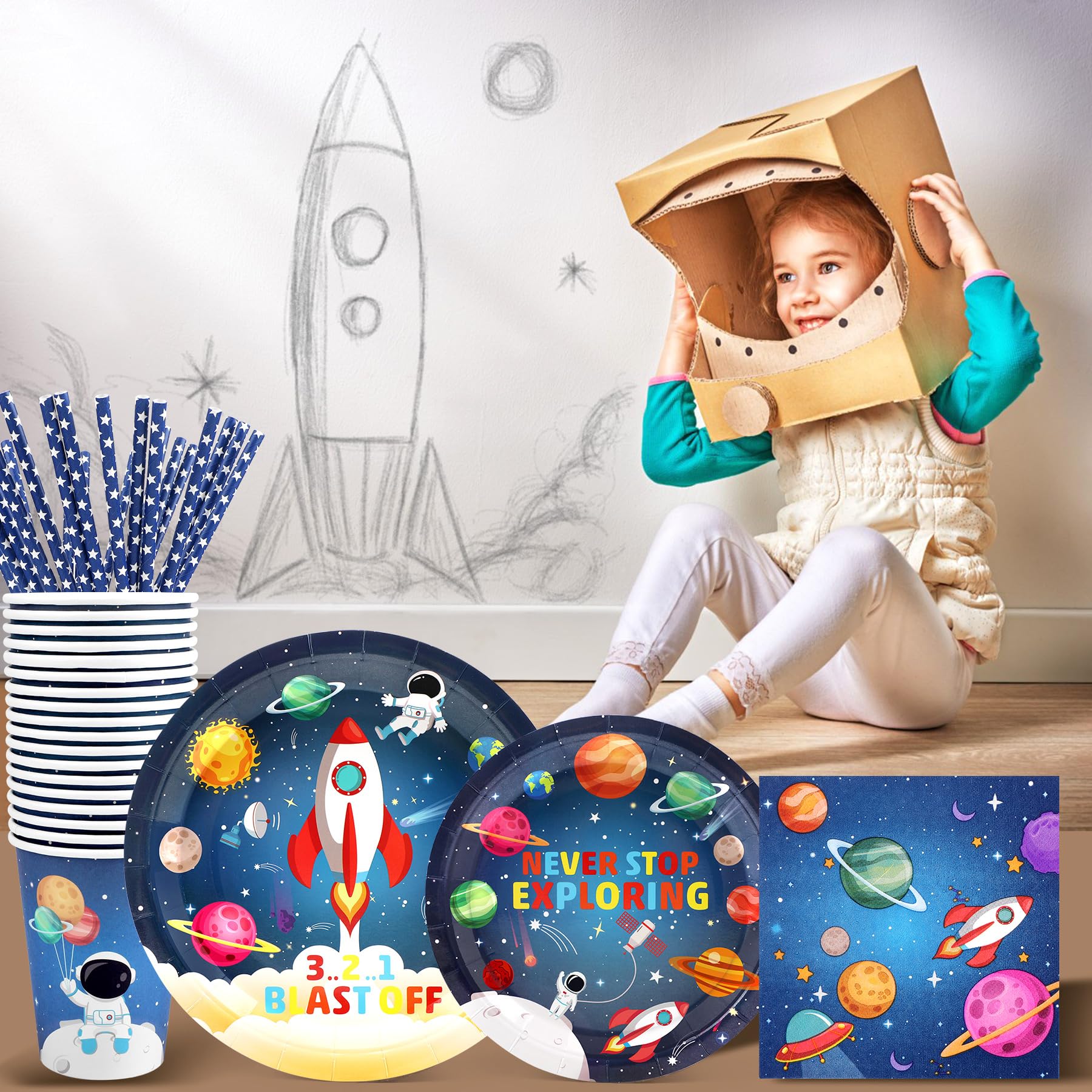 Recheel Space Themed Party Plates Set, Outer Space Party Decorations