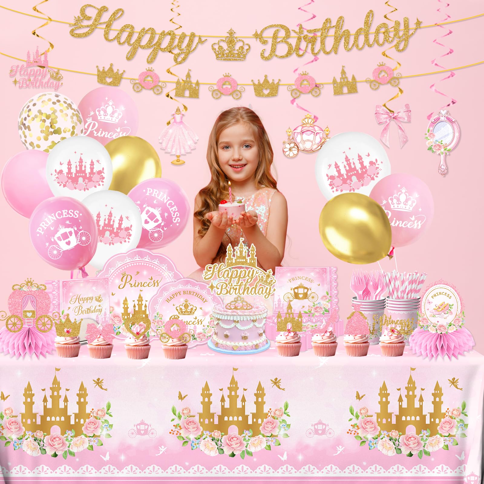 196Pcs Princess Birthday Party Decorations Serves 24,Pink Princess Birthday Themed Tableware