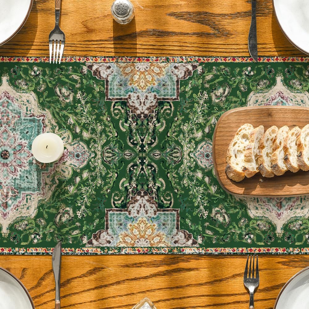 Artoid Mode Boho Bohemia Style Green Table Runner, Country Rustic Farmhouse Magical Christmas Kitchen Dining Table Decoration for Home Party Decor 13x72 Inch