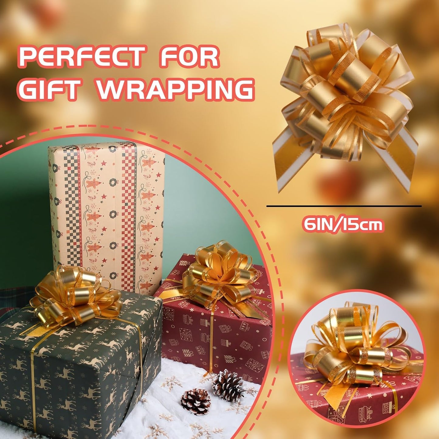 6 Pcs 6 Inch Golden Pull Bows, Perfect for Gift Wrapping, Weddings, Party Decorations, Crafts Easy-to-Use Pull Bows for Gifts and Events