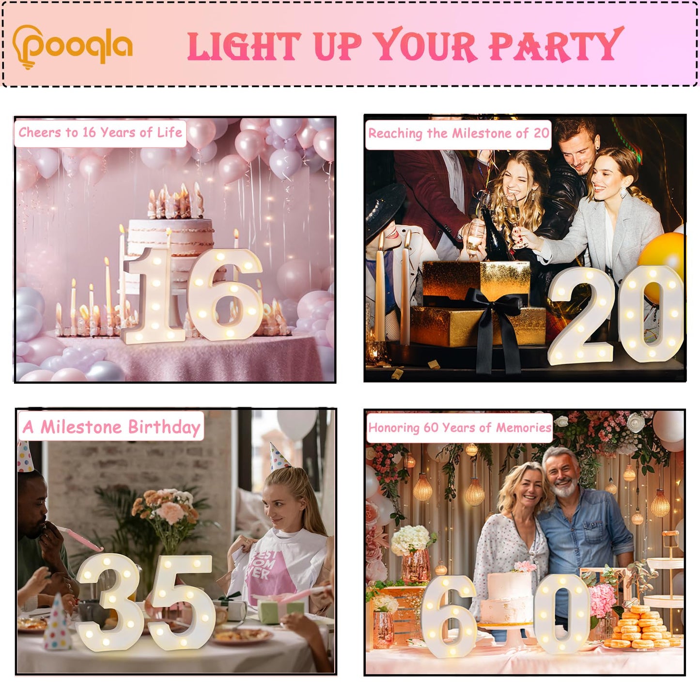 Pooqla Decorative Led Light Up Number Letters, White Plastic Marquee Number Lights Sign 16th