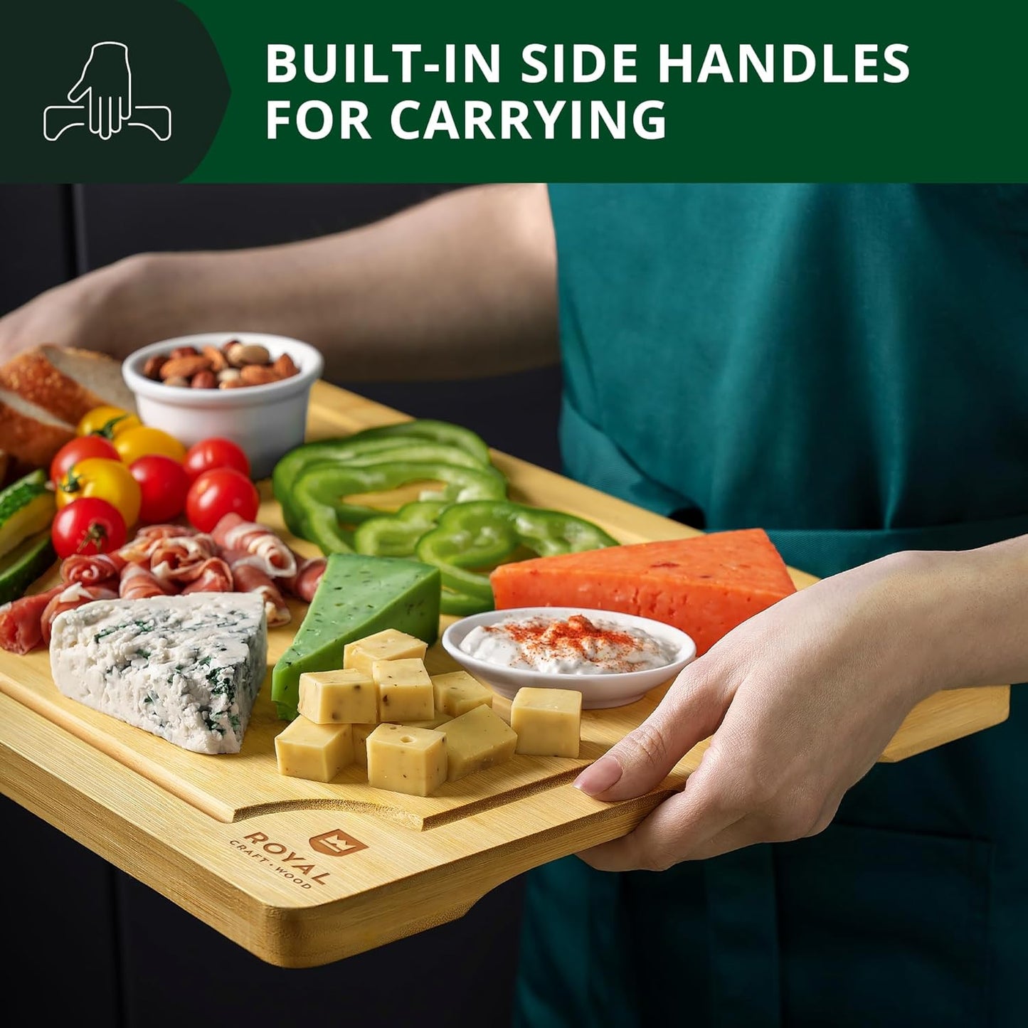 ROYAL CRAFT WOOD Wooden Cutting Boards for Kitchen Meal Prep & Serving - Bamboo Wood Serving Board Set with Deep Juice Groove Side Handles - Charcuterie & Chopping Butcher Block for Meat