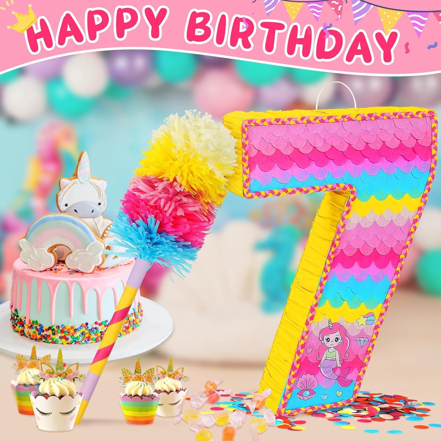 Number 7 Pinata for Birthday Party Decorations, Unicorn Mermaid Theme Pink Piñata Games Toy (7th)