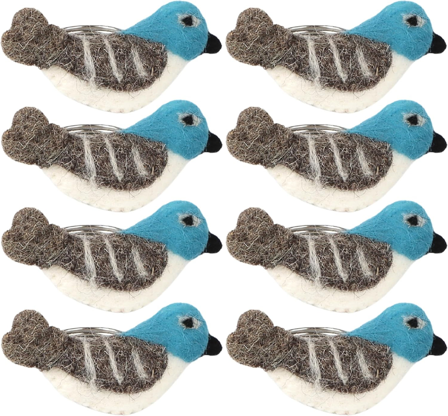 Wool Felt Napkin Ring Set of 8 - Bird Napkin Holder for Dining Table with Silver Electroplated Metal Base - Perfect for Spring, Holiday Parties, Rustic Event (White Blue Grey Black) - CLEENTABLE
