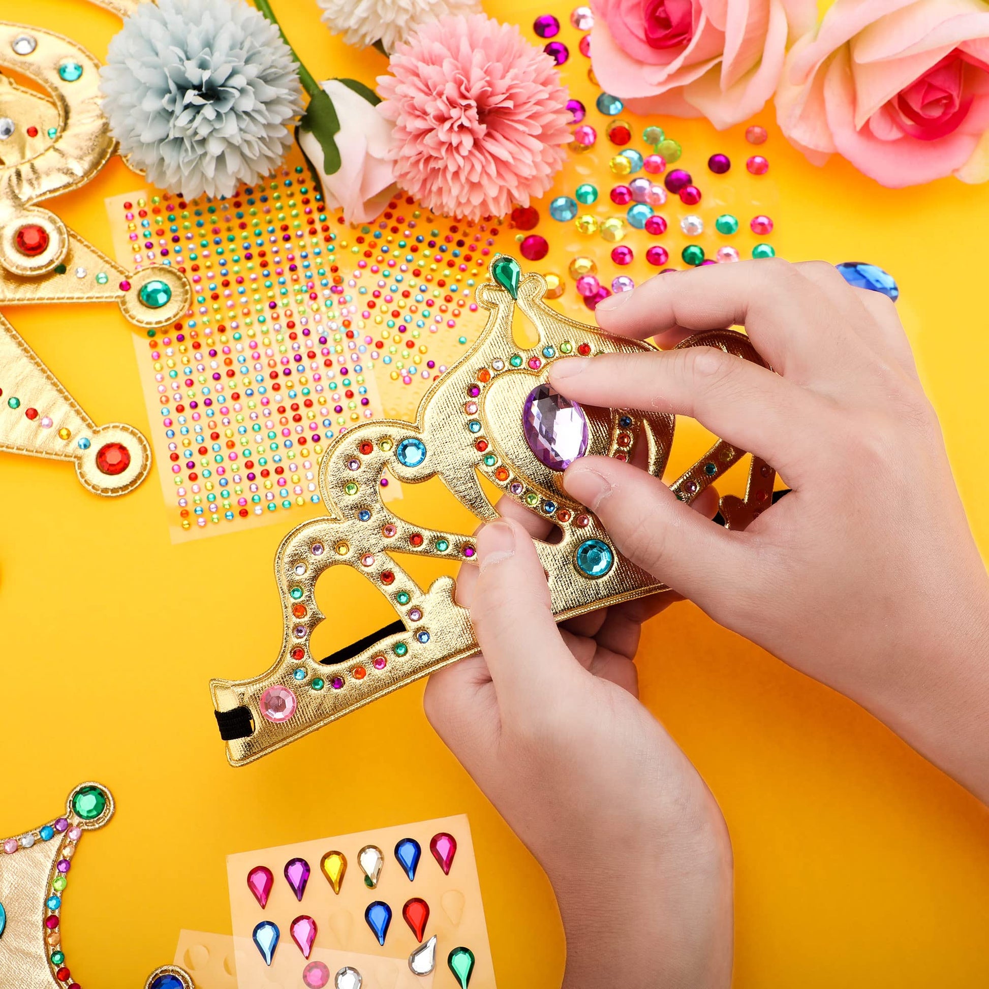 MTLEE 12 Pcs Foam Princess Tiaras Crown 928 Pcs Gem Stickers 12 Gem Rings Craft Making Kits Gifts