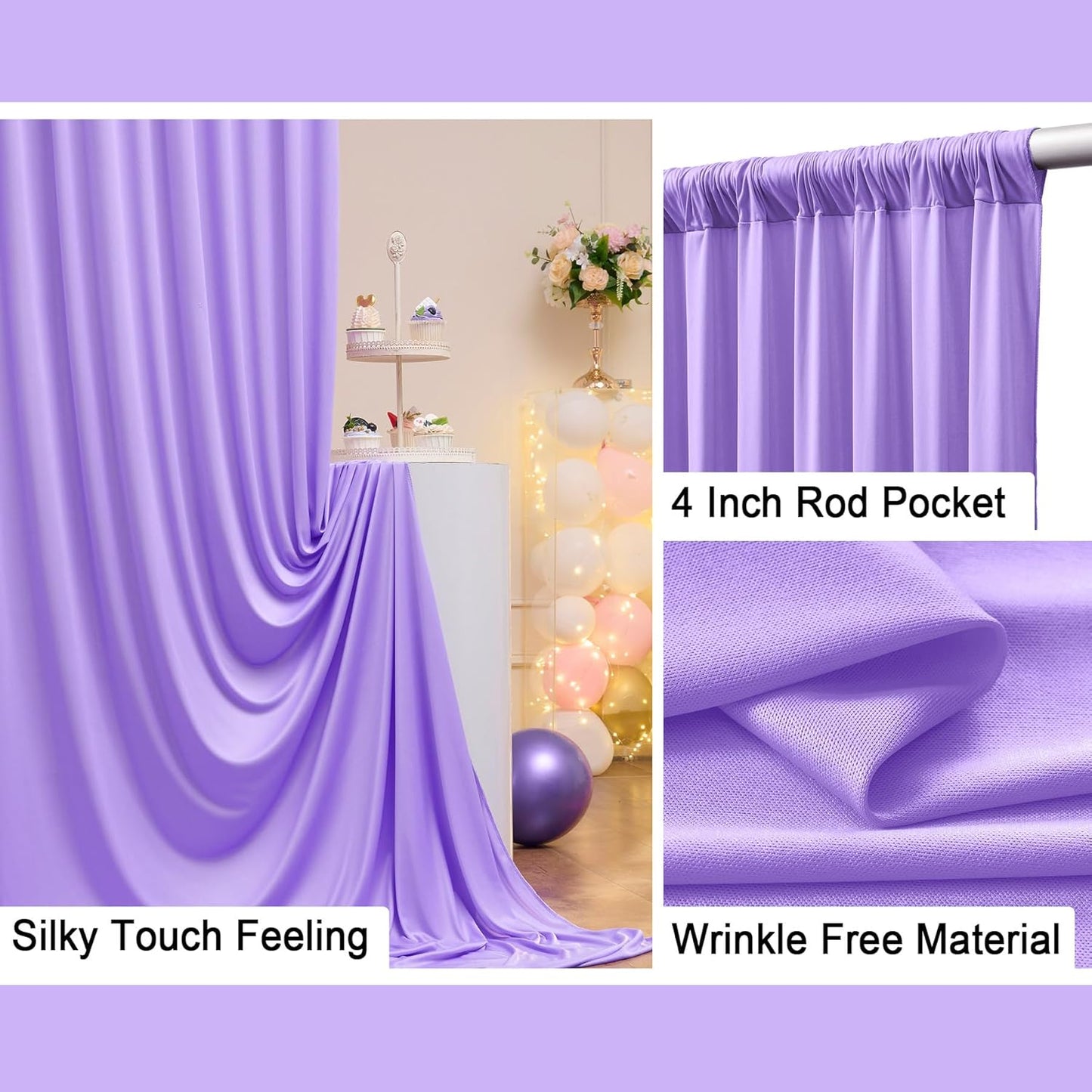 50 ft x 10 ft Wrinkle Free Lavender Backdrop Curtain for Parties, Polyester Light Purple Photo Backdrop Drapes 10 Panels 5x10ft for Baby Shower Photoshoot Wedding Birthday Party Photography Curtains