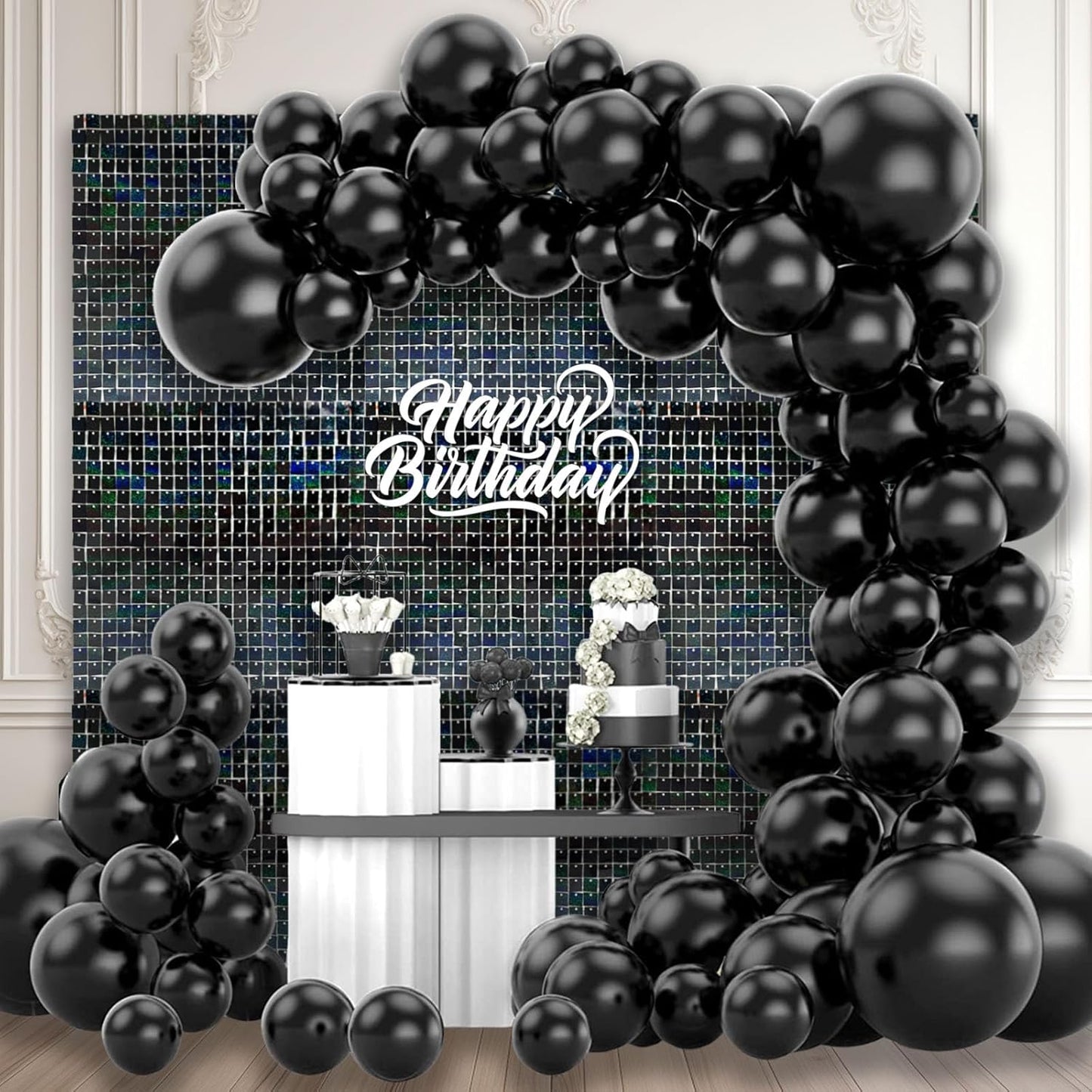 24PCS Black Shimmer Wall Backdrop, Laser Square Sequin Photo Backdrops Panel, Glitter Wall Background for Birthdays, Weddings, Christmas, Engagements, Disco Bachelorette Party Decoration (4FTx6FT)