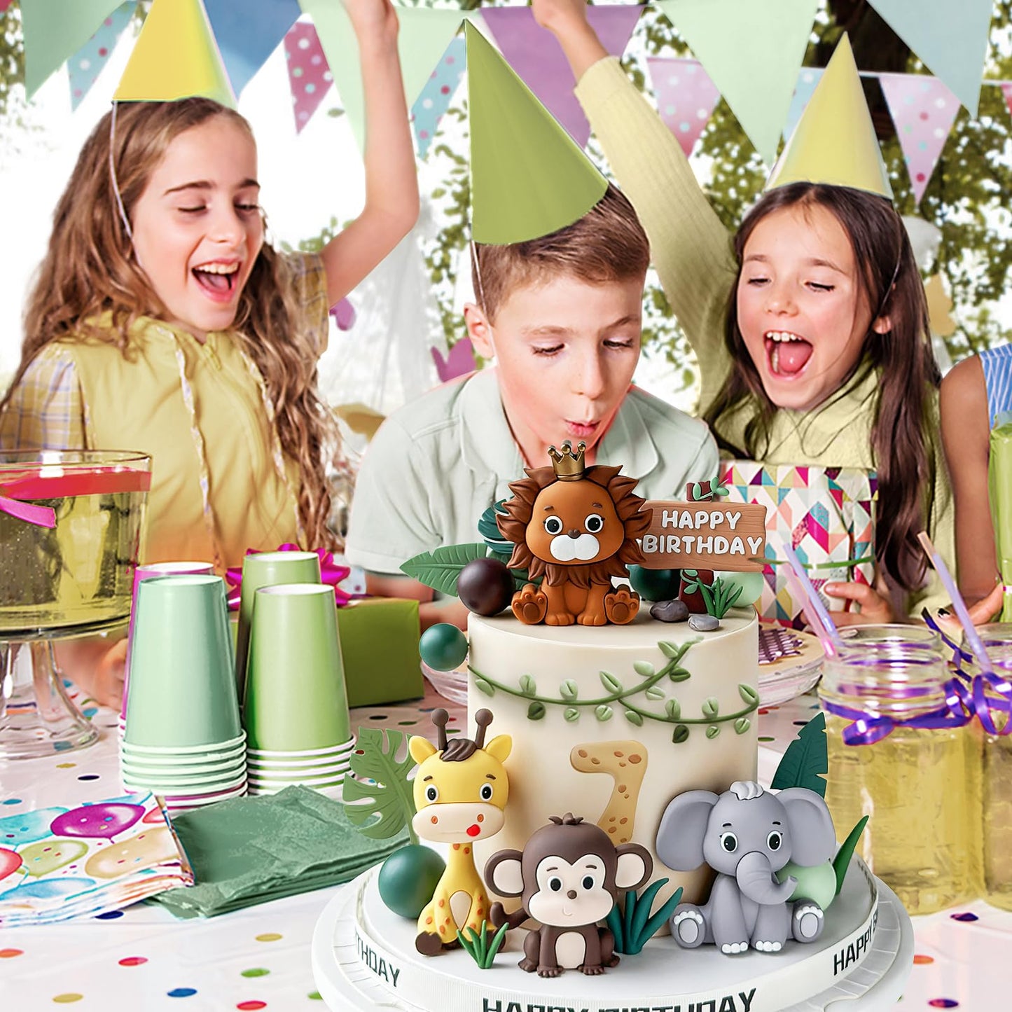 19pcs Safari Animal Cake Topper - Jungle Wild Cake Toppers with Leaves Balls Cake Decorations for