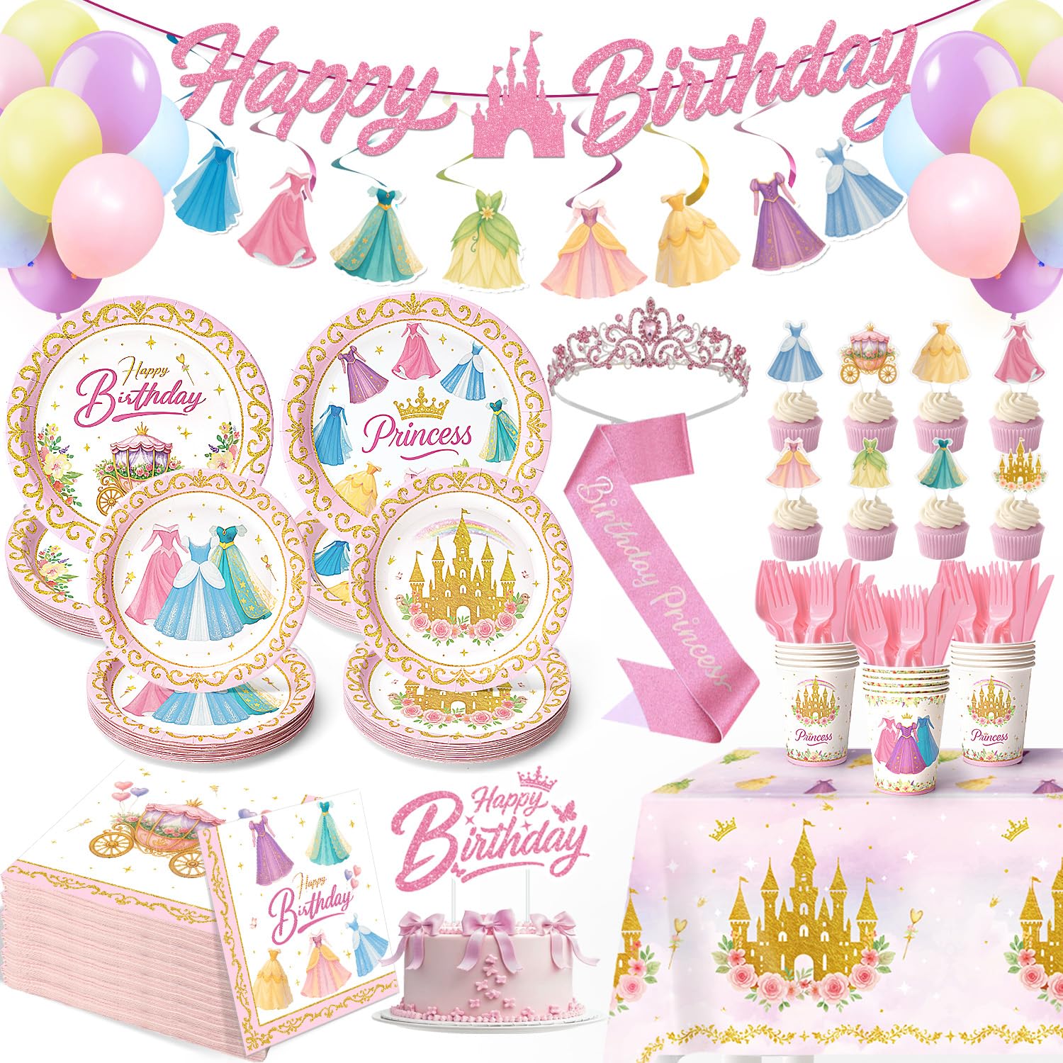 Princess Birthday Party Decorations – 199 PCS Princess Party Supplies for 24 Guests, Includes