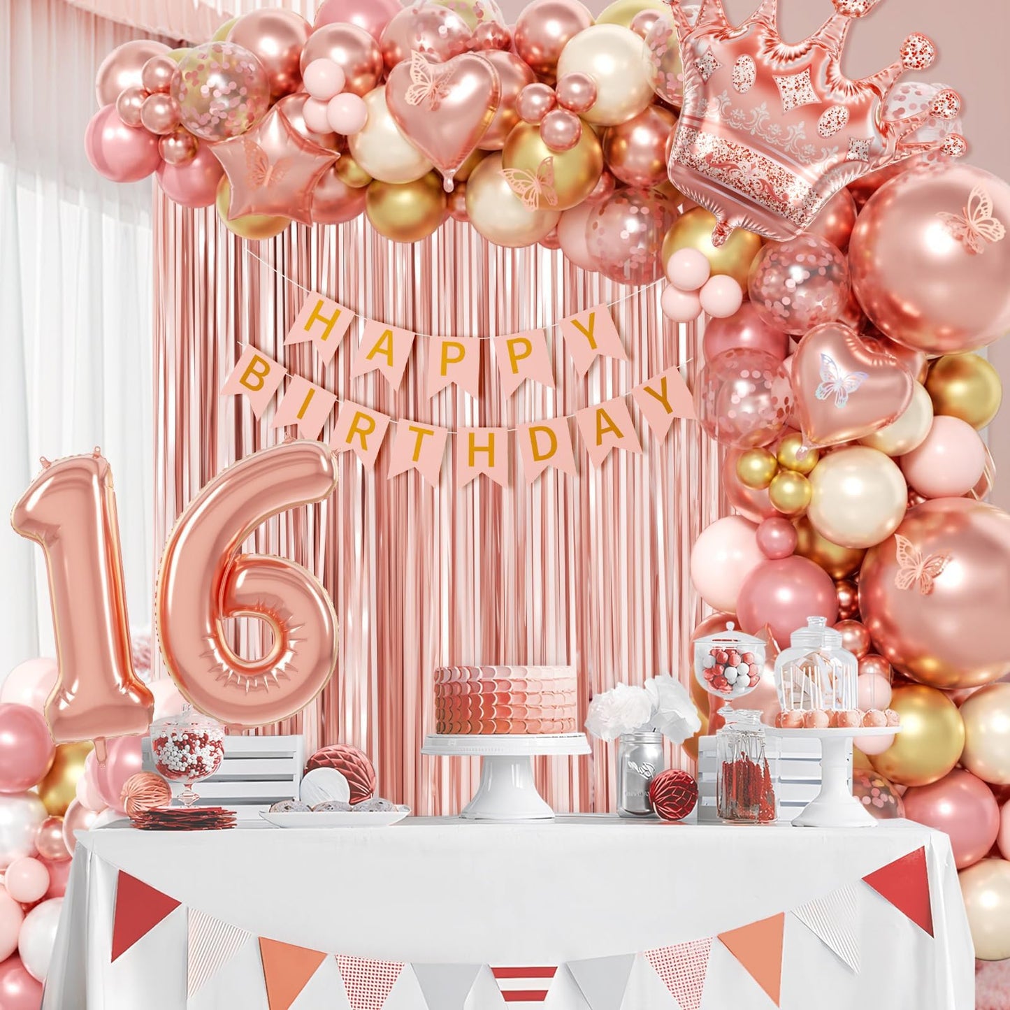 123pcs Sweet 16 Party Decorations with Rose Gold Pearl and White Balloons