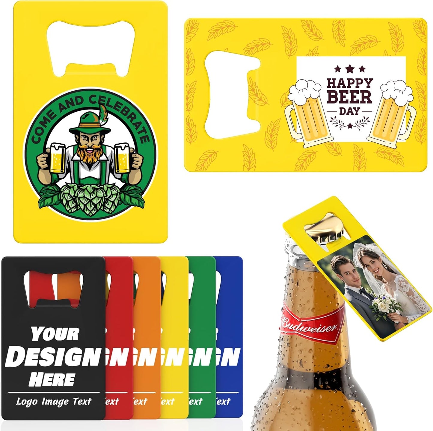 4-100 Pcs Custom Bottle Opener, Personalized Stainless Steel Credit Card Bottle Opener, Full Color Print Custom Beer Can Opener Bulk for Bar, Wedding Favors, Party, Promotion, Groomsmen Gift (Yellow)