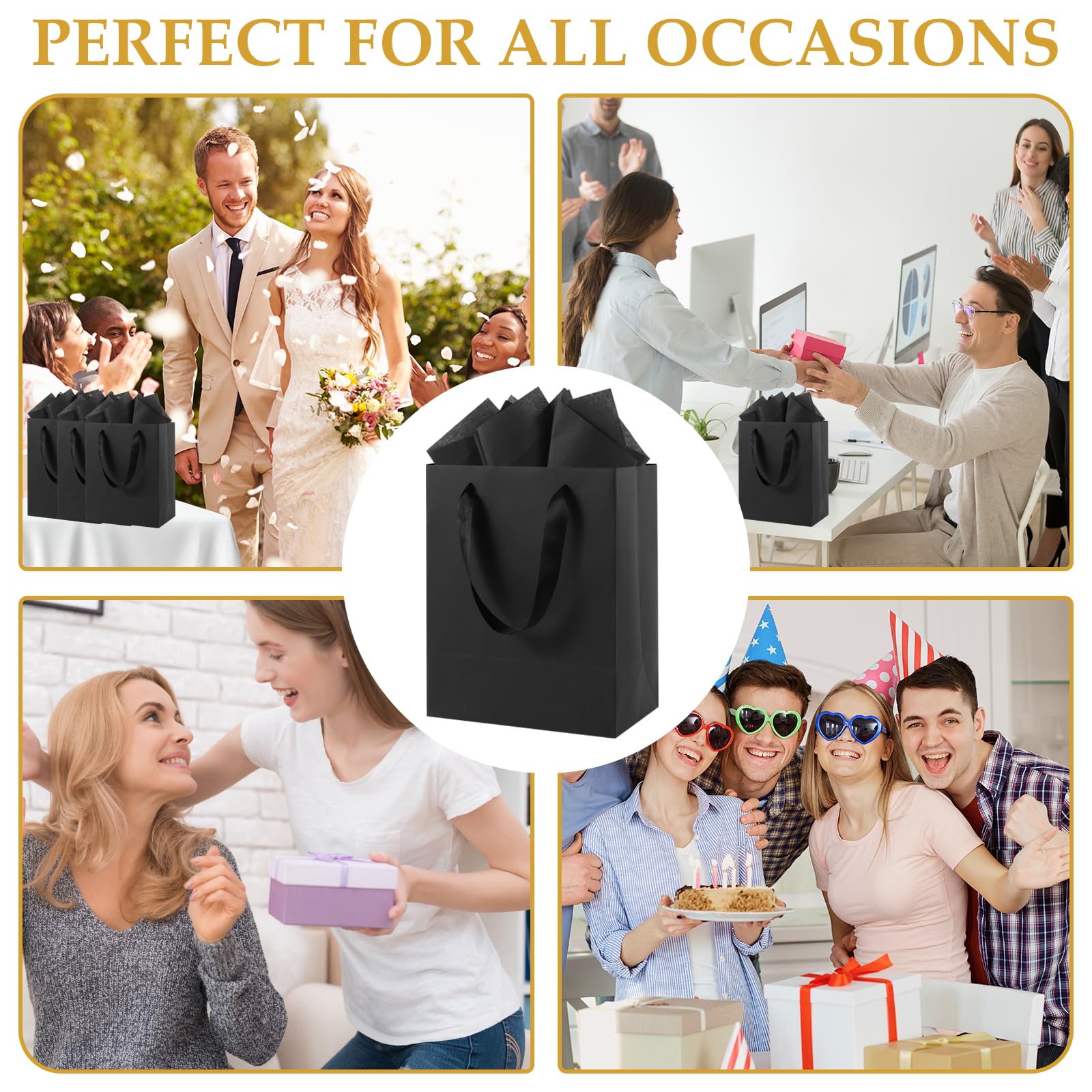 Epoesch Black Small Gift Bags with Handles and Tissue Paper, 4 Pack