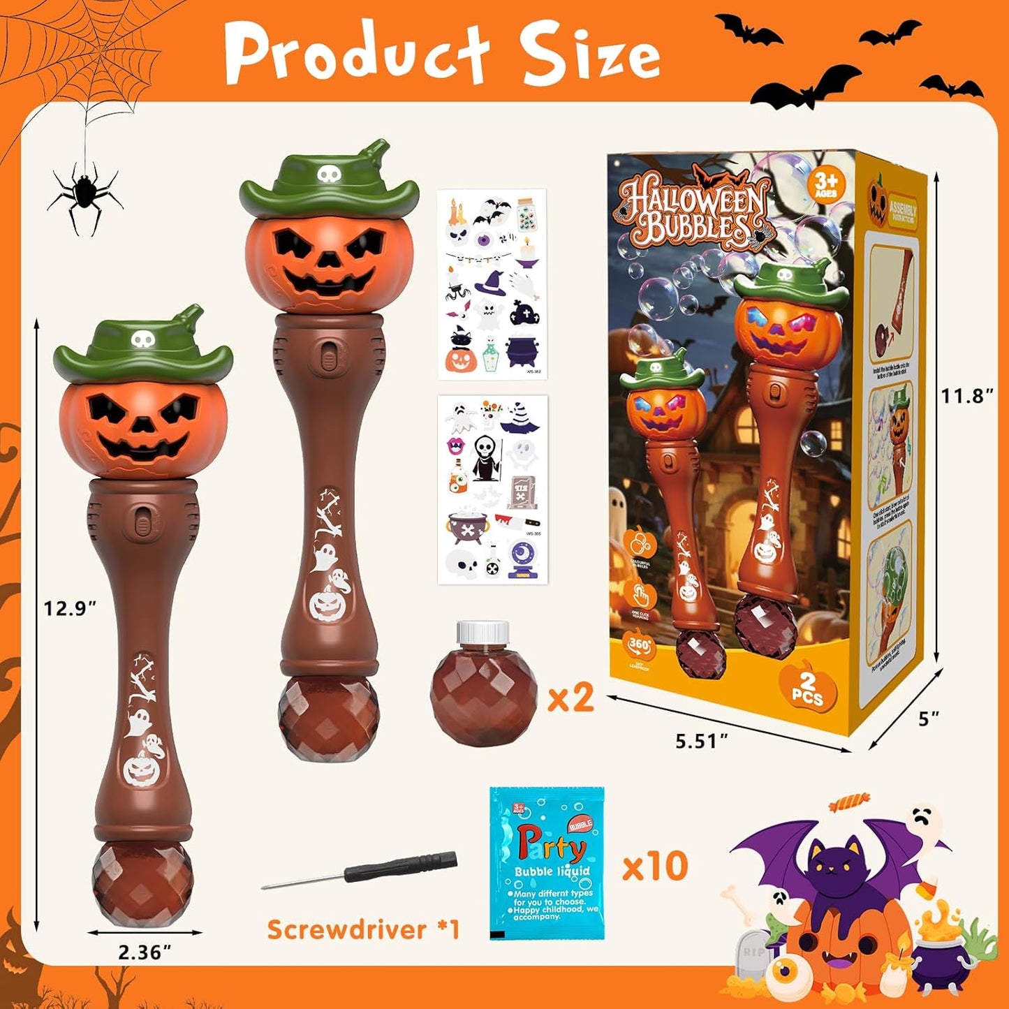 Halloween Pumpkin Bubble Wand for Kids - 2 Pack Automatic Bubble Machine Blower Toys for Toddlers 3-8 with LED Lights, Music Function, DIY Stickers,10 Refill Solutions, Halloween Party Favors Gifts