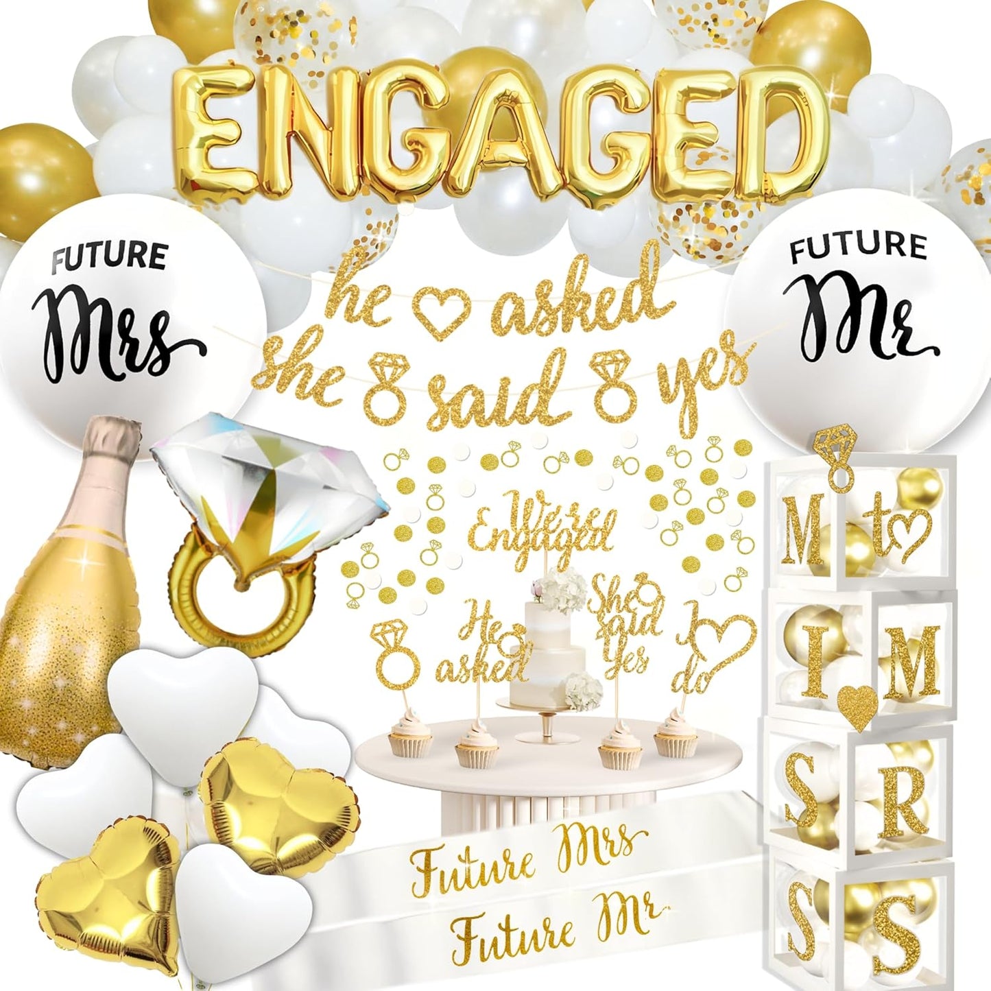 248 Pc Premium Engagement Party Decorations, Gold and White Bridal Decorations, He Asked She Said Yes Banner, Engaged Letter Balloons, Future Mrs and Mr Balloons & Sashes Ring Balloon, Boxes & more