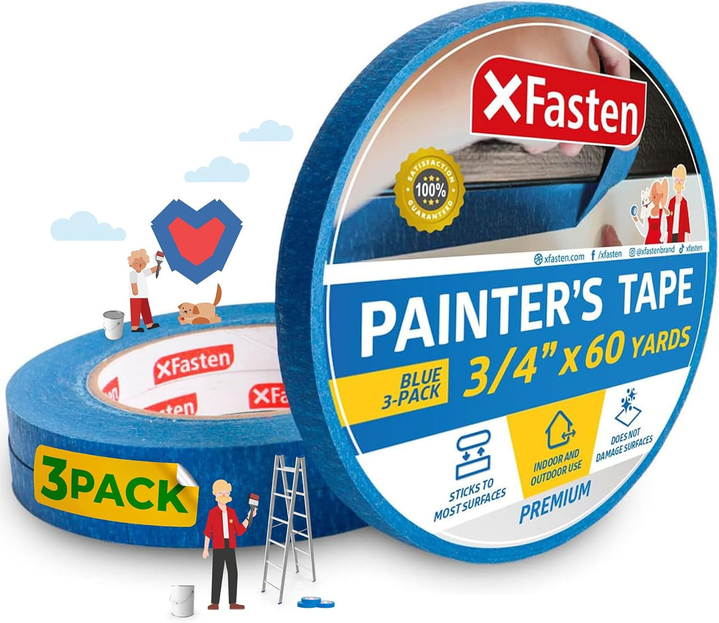 XFasten Professional Blue Painters Tape, Multi-Use, 3/4 Inches x 60 Yards (3-Pack) - Produces Sharp Lines and Residue-Free Artisan Grade Clean Release Wall Trim Tape