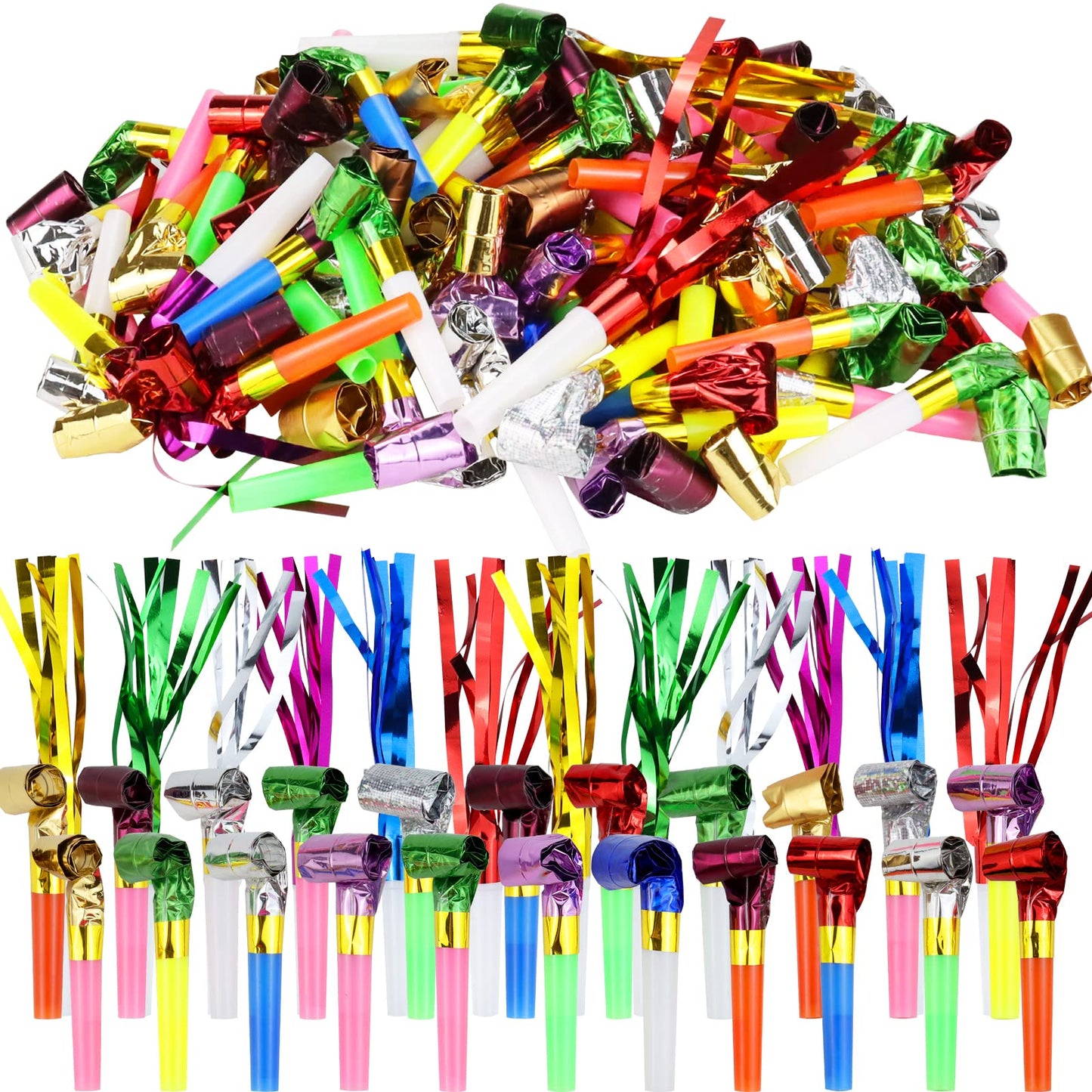 WEOXPR 144Pcs Noisemakers Blowouts Horns Bulk, 2 Styles (Paper + Fringed Metallic) Party Blowers