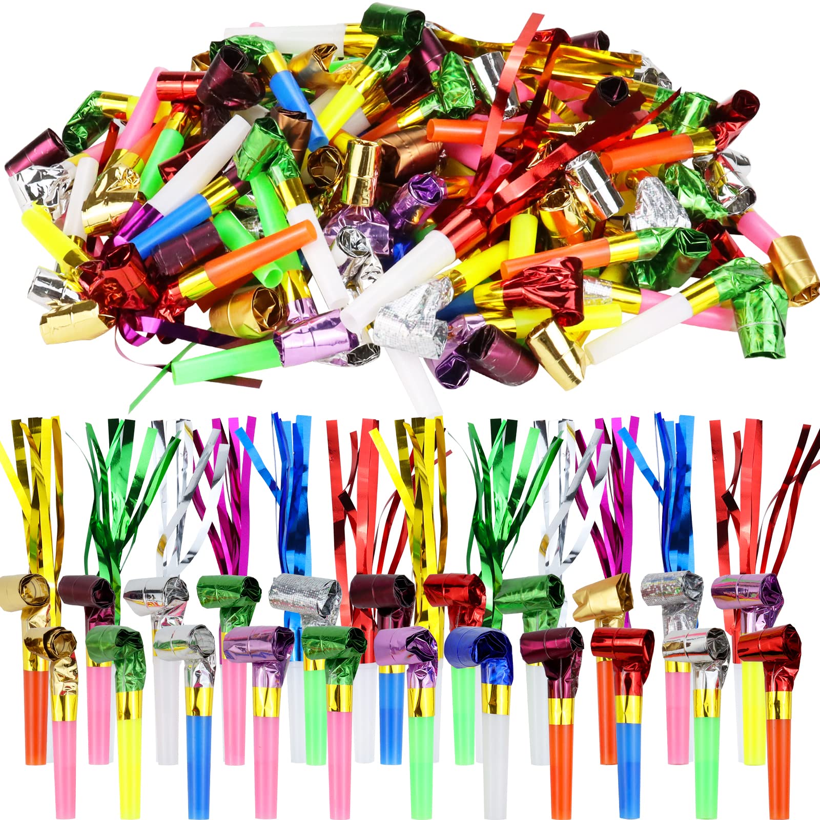 WEOXPR 144Pcs Noisemakers Blowouts Horns Bulk, 2 Styles (Paper + Fringed Metallic) Party Blowers