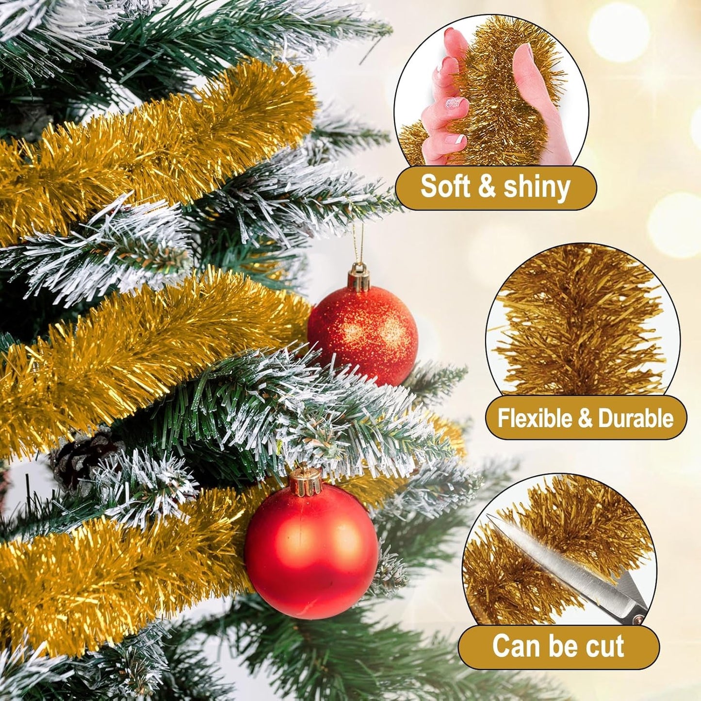 25 Feet Champagne Gold Christmas Tinsel Garland, Metallic Foil Twist Garland Wall Hanging Tinsel Banner Backdrop for Parade Floats, Easter, Mother's Day, Birthday Party Decorations (4in x 25ft)