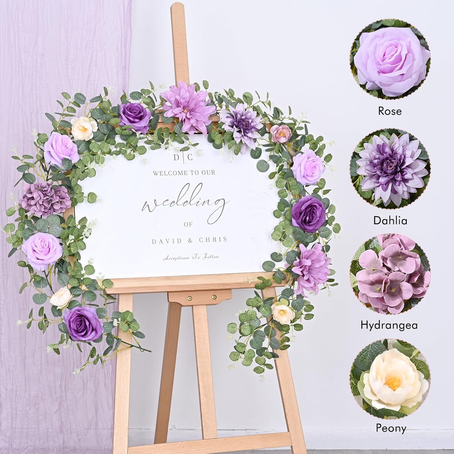 Waipfaru Flower Garland, 6.07Ft Eucalyptus Garland with Flowers, Silk Rose Floral Vines for Wedding Reception Table Mantle Decor (Purple)