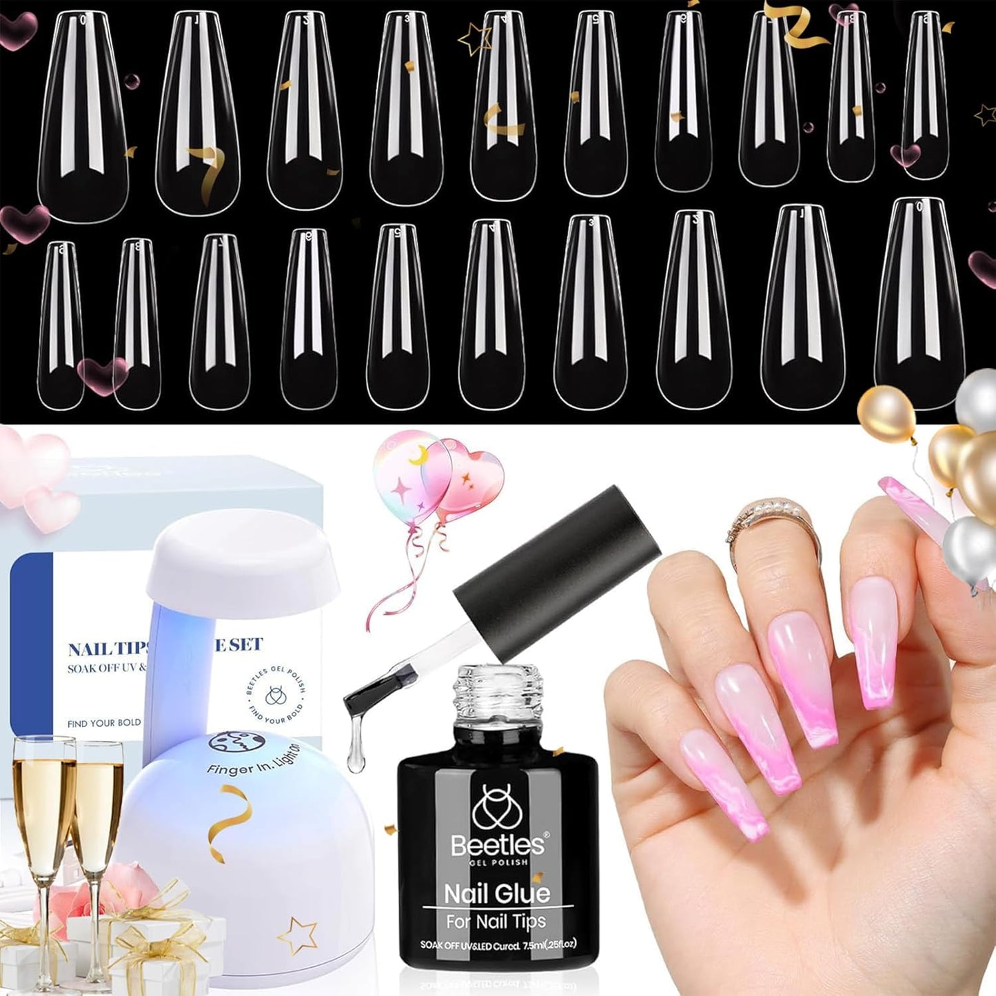 Beetles Gel Nail Kit Easy Nail Extension Set with 500Pcs Nail Tips Coffin Shape 5 In 1 Nail Glue Base Gel and Innovative Led Lamp Easy Diy Nails Art Home Gelly Tips