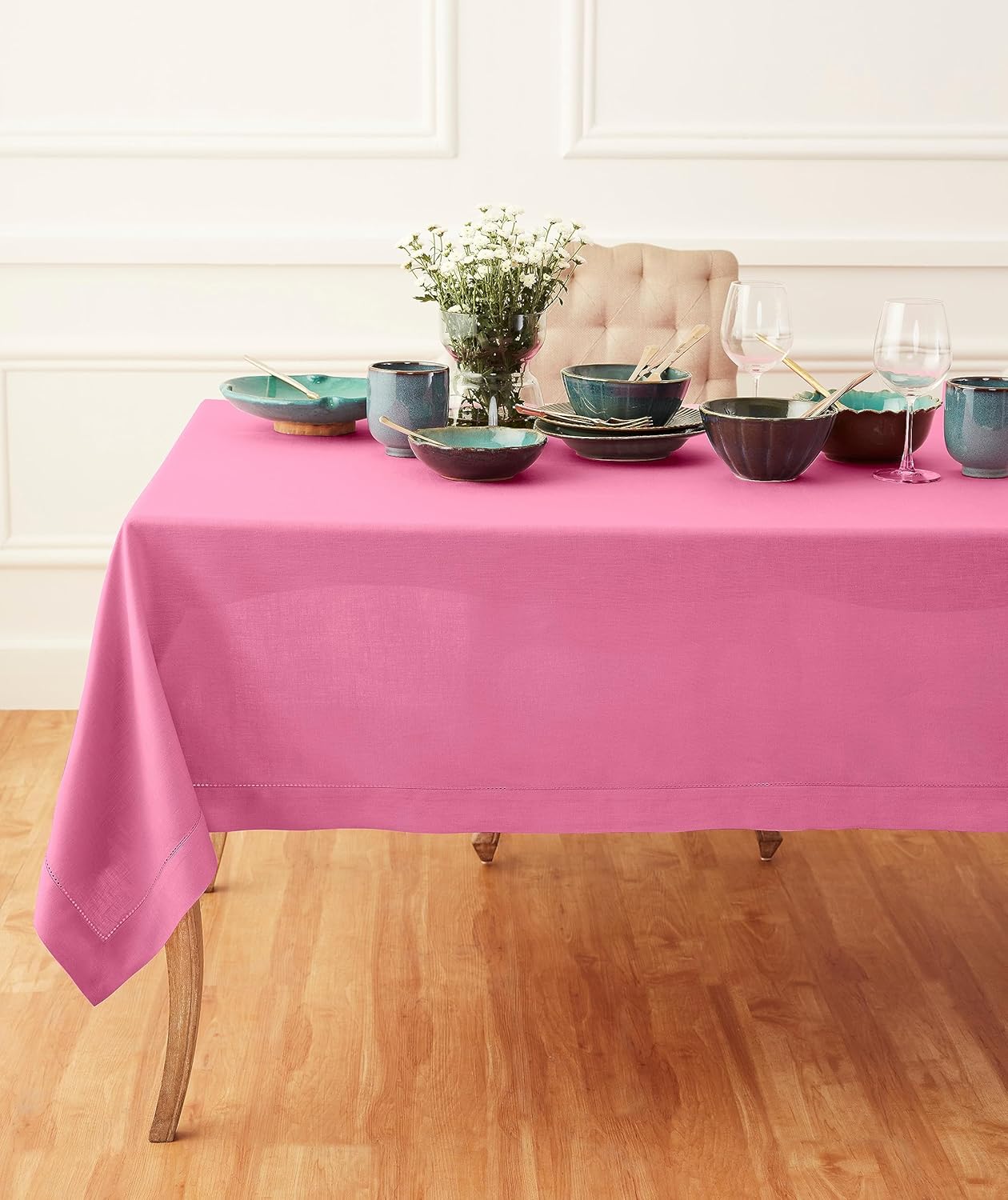 Solino Home Linen Tablecloth for Rectangle Tables 60 x 120 Inch - Classic Hemstitch 100% Pure Linen Flamingo Pink Table Cloth - Machine Washable Cloth Tablecloth for Halloween