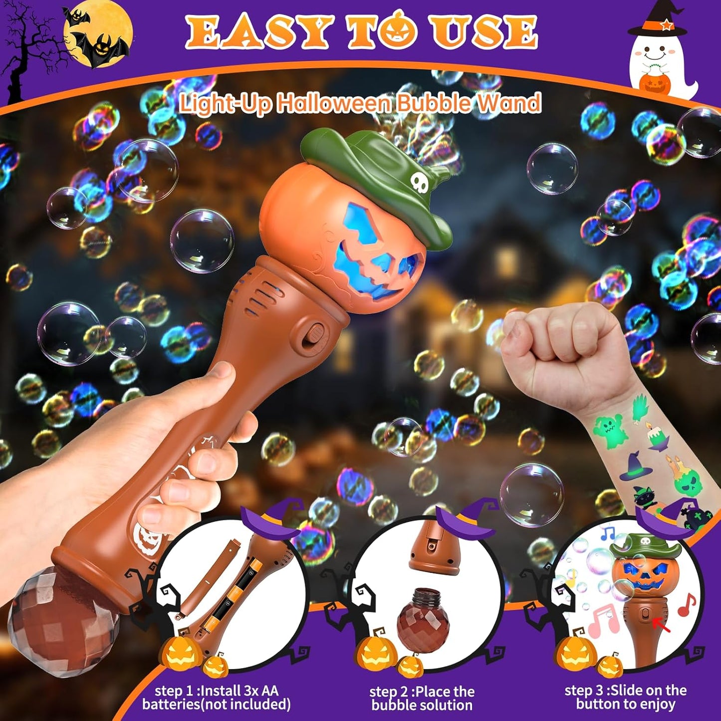 Halloween Bubble Machine Wand for Kids, Light up & Music Pumpkin Bubble Wand-1 Temporary Tattoos and 5 Bubble Solution, Halloween Boo Basket Stuffers for Toddlers Boys & Girls 3 4 5 6 7 8 + Years Old