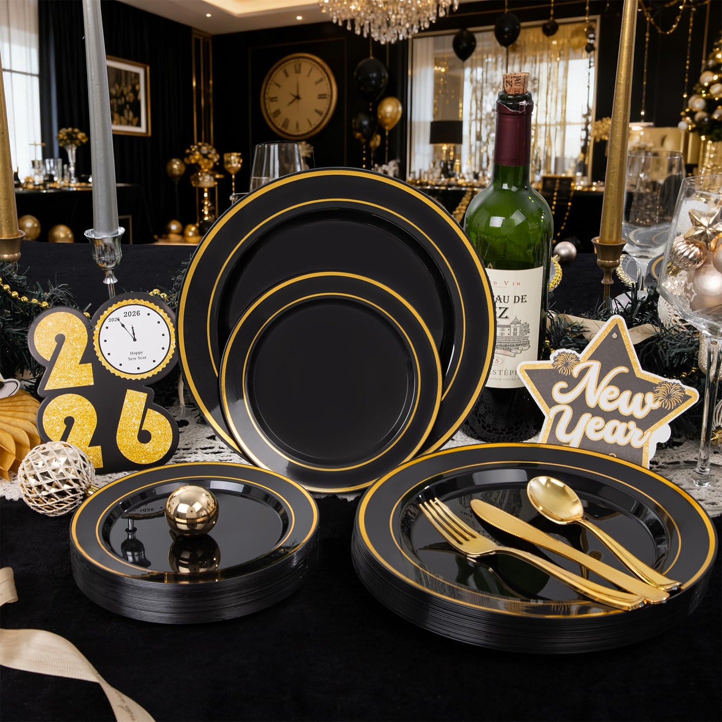 350 Pieces Black and Gold Plastic Plates with Disposable Silverware, Include 50 Dinner Plates 9”