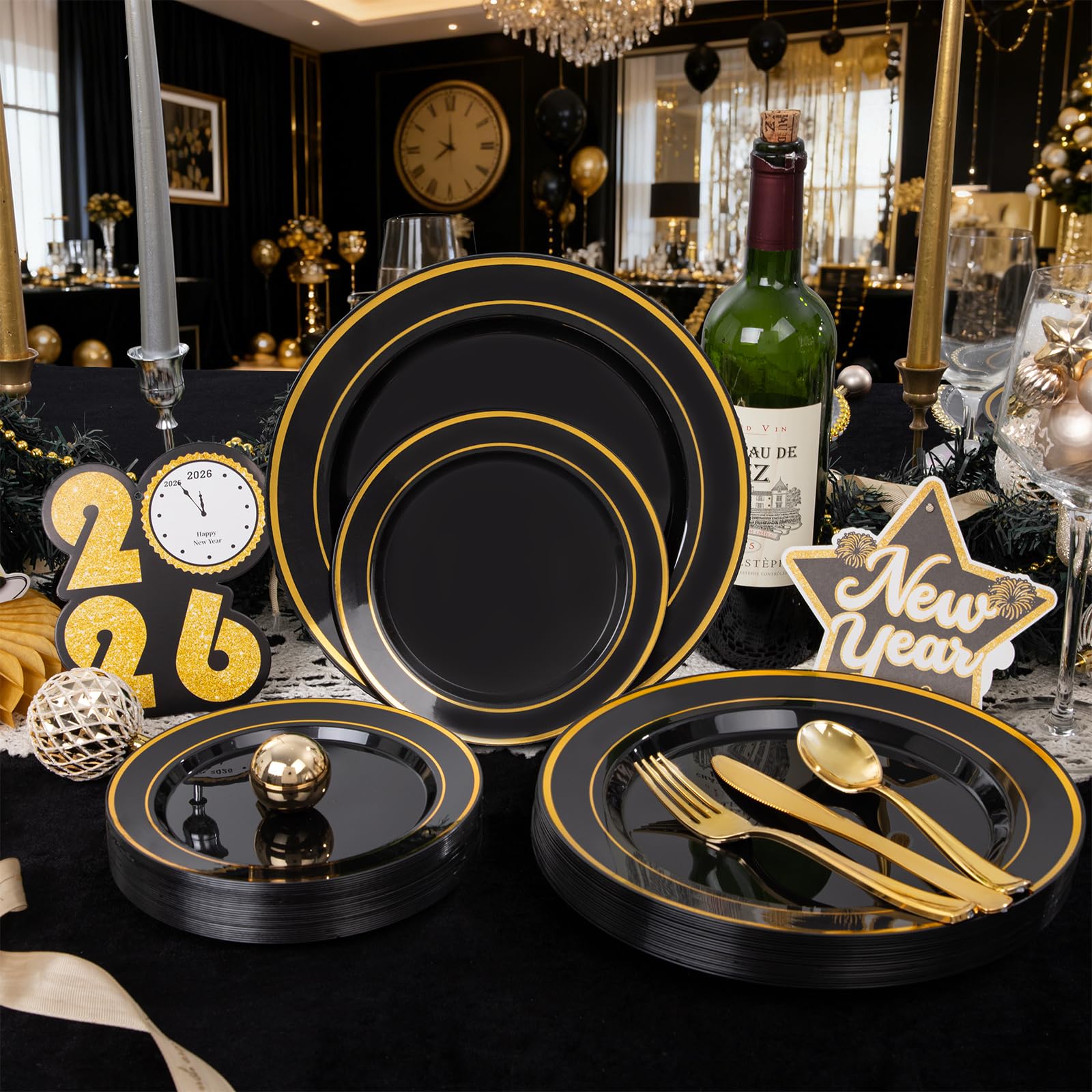 350 Pieces Black and Gold Plastic Plates with Disposable Silverware, Include 50 Dinner Plates 9”