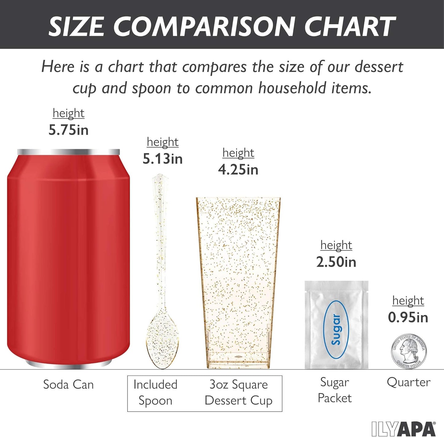 Ilyapa 3oz Plastic Dessert Cups - 100 Pack Mini Dessert Cups with Spoons - Clear Reusable Small Appetizer Cup for Cheesecake Shooters, Chocolate Mousse - Party and Catering Supplies - Square Gold