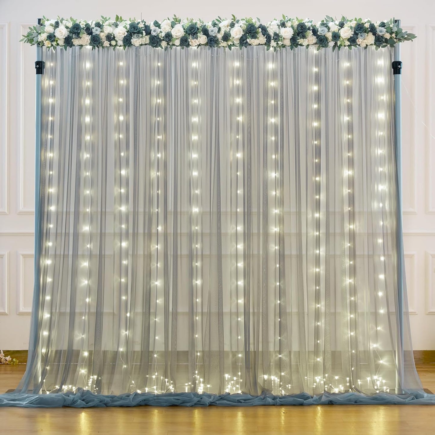 Silver Grey Tulle Backdrop Curtain with Lights String for Parites 10x10ft Sheer Backdrop Curtains for Birthday Party Bridal Shower Baby Shower Wedding Ceremony Prom Photo Booth Background Decorations