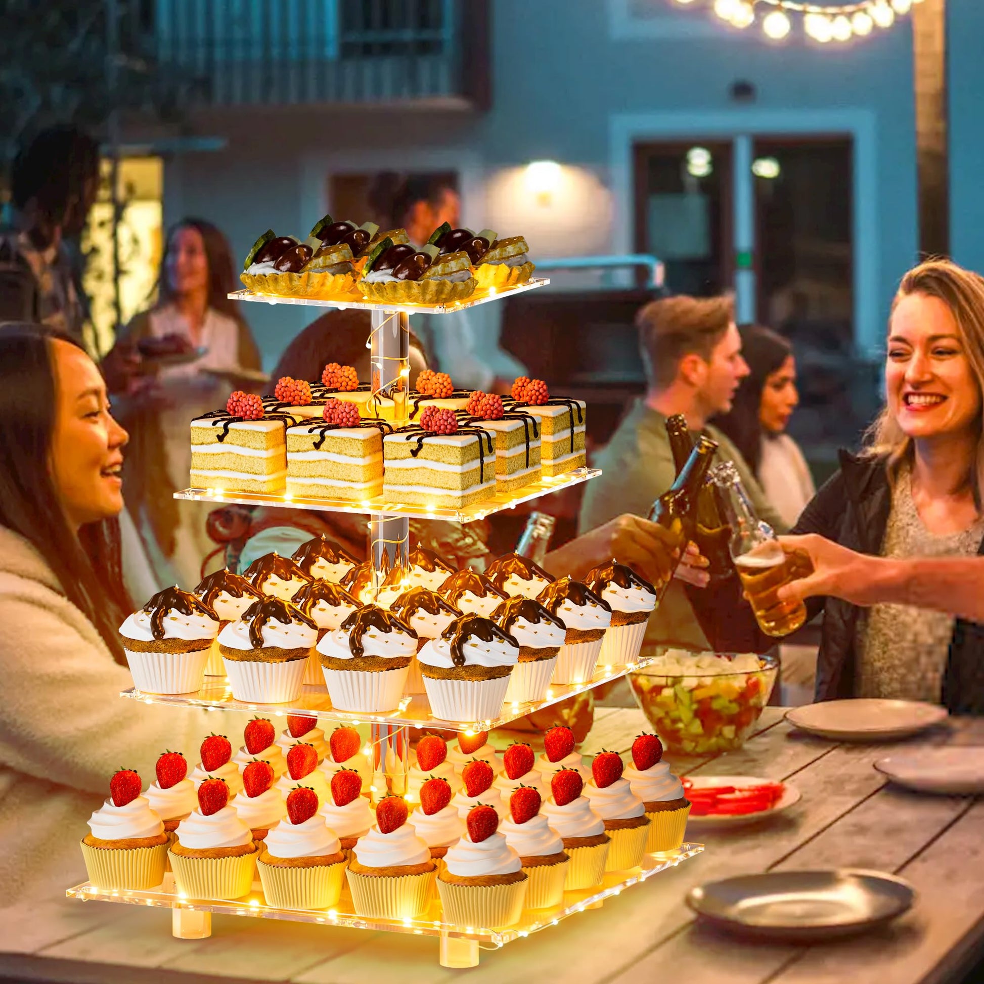 YestBuy Cupcake Stand with Yellow LED Lights, 4 Tier Cupcake Stand for 50 Cupcakes, Acrylic Cupcake