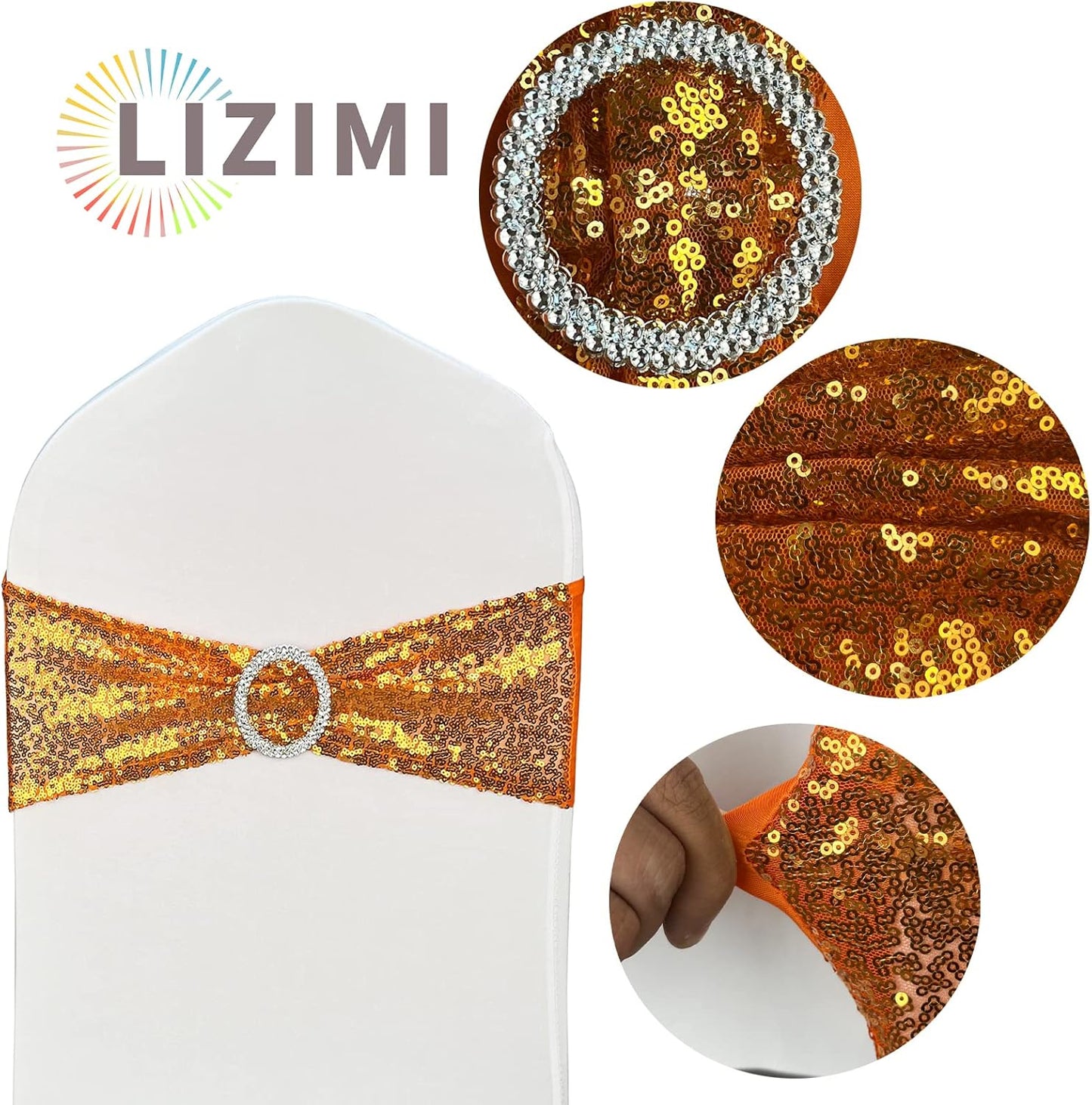 Chair Sashes Sequin Stretch Chair Bands Spandex Polyester Bows for Party Hotel Wedding Banquets Decoration - 6 Pcs Orange