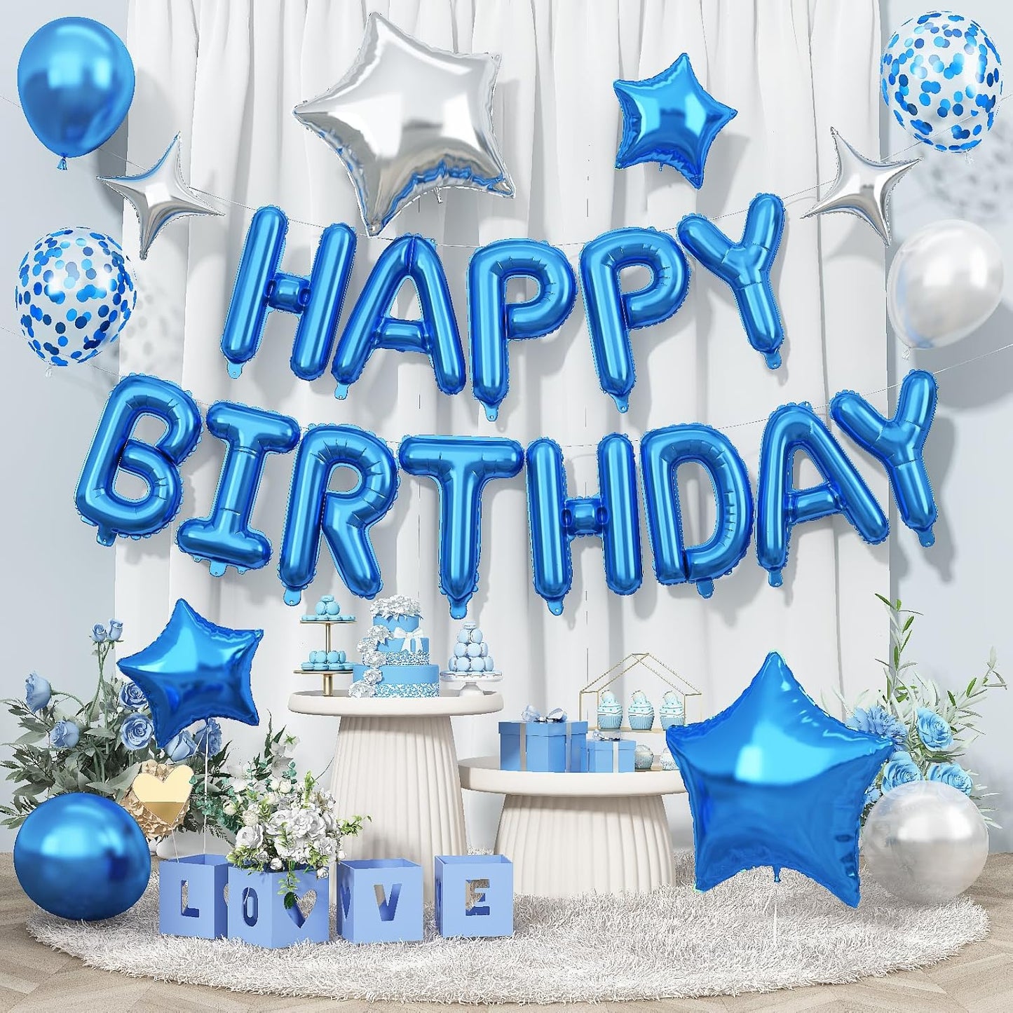 Happy Birthday Balloon Banner Blue Silver, 16 Inch Mylar Foil Letter Balloons, Reusable Birthday Decorations with Blue and Silver Balloons, Inflatable Party Supplies for Women Men Boys Girls Decor