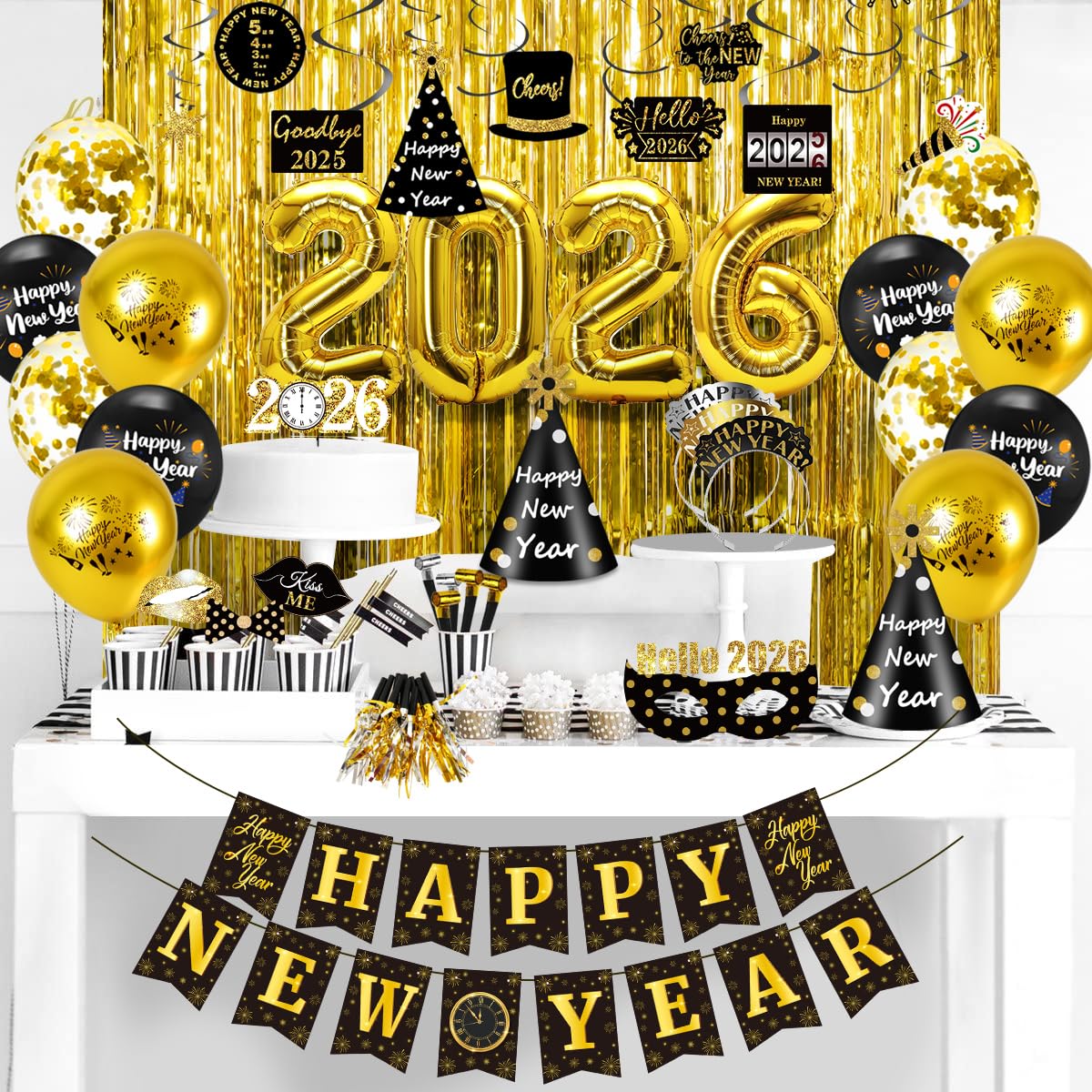 MOVINPE New Year Eve Party Decorations Kit 2026 - Happy New Year Party Supplies, Banner Cone Hats