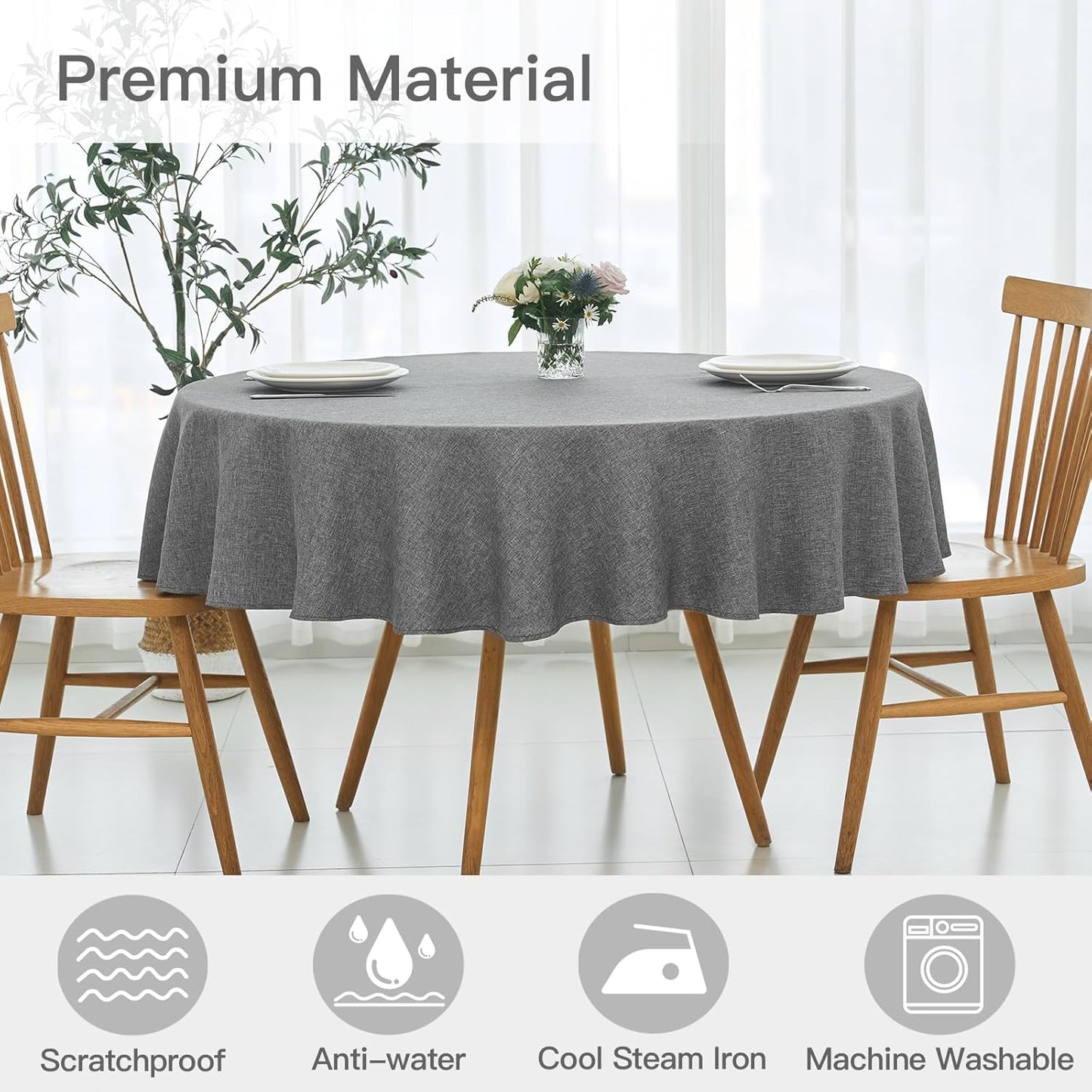 maxmill Round Linen Textured Tablecloth Spill-Proof Stainproof Wrinkle Free Washable Fabric Table Cloth for Circular Table Cover, Dining Room Buffet Banquet Parties Holiday Dinner, 70 Inch, Dark Grey