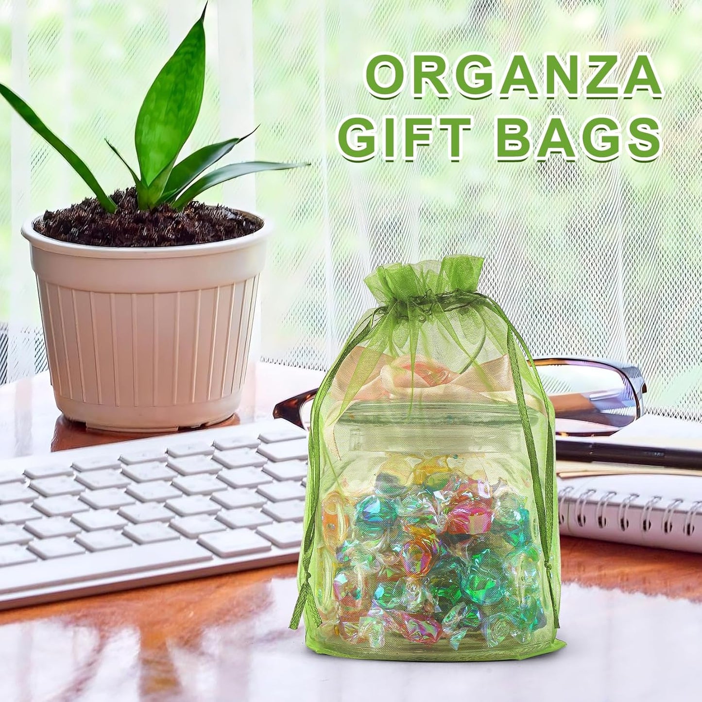 ANZNKU 100 Pack Green Organza Bags 6x9 inches Mesh Bags Drawstring, Sheer Organza Gift Pouches for Party Favor Wedding Christmas