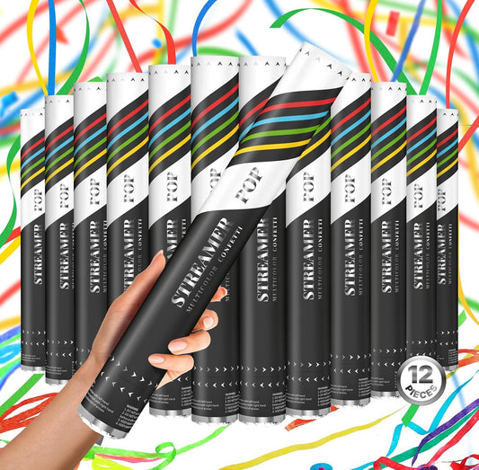 Confetti Cannon 16" XLarge Party Poppers Confetti Shooters, Biodegradable Confetti Cannons, Compressed Air Action, Loud Pop, Birthday, Wedding, New Year (12 Pack Multicolor Streamer Popper)