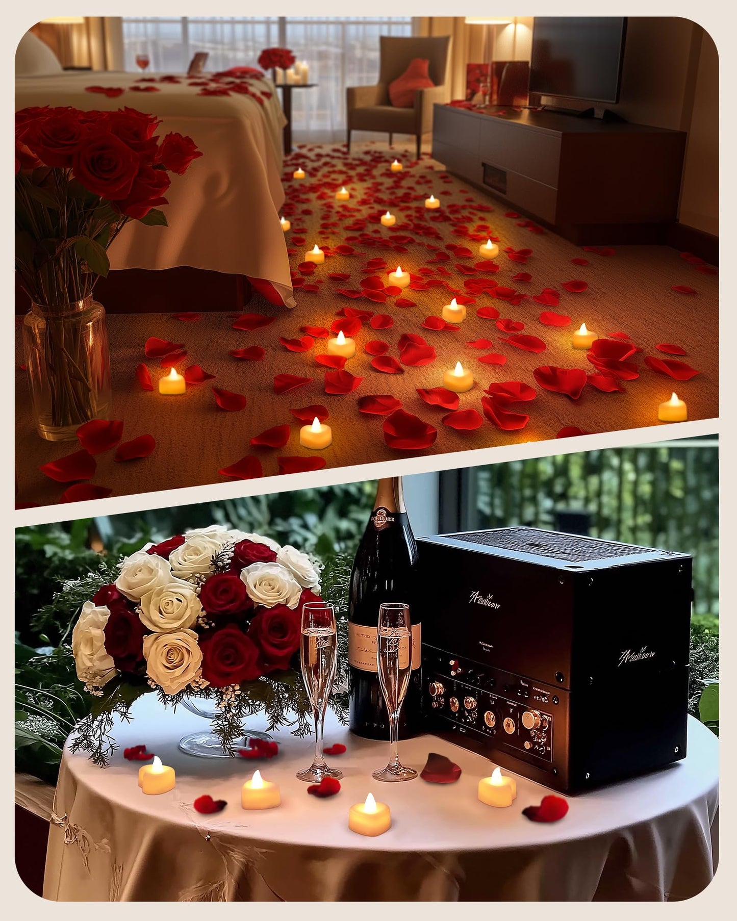 Amagic 1000 Pieces Artificial Rose Petals with 12 Heart LED Tea Lights Candles Kit, Rose Petals and