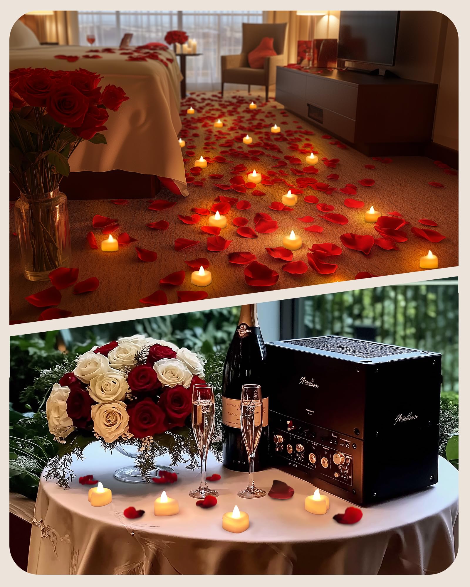 Amagic 1000 Pieces Artificial Rose Petals with 12 Heart LED Tea Lights Candles Kit, Rose Petals and