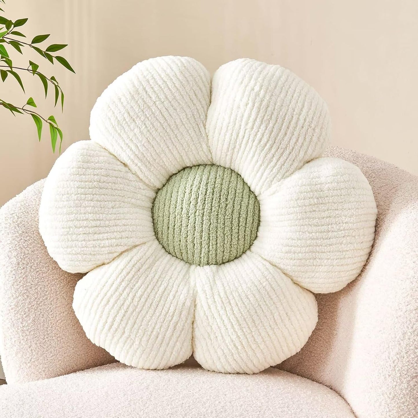 Flower Throw Pillow, Soft White Green 17.7" Shaped Floor Pillow for Home Decor, Cute Aesthetic Plush Decorative Pillows for Bed, Sofa, Couch