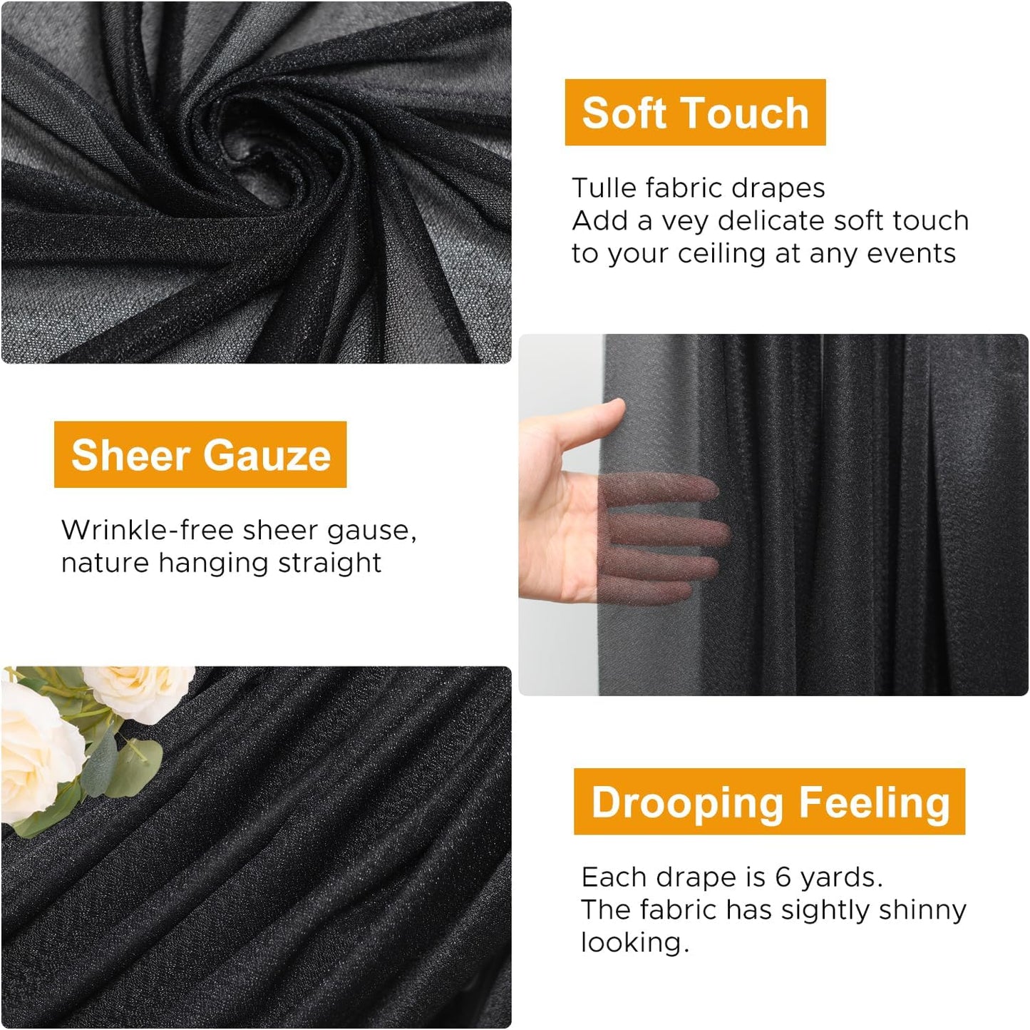Wedding Arch Draping Fabric 3 Panels 28.7" x 20FT Black Sheer Chiffon Backdrop Drapes for Wedding Ceremony Birthday Party Bridal Shower Outdoor Decoration