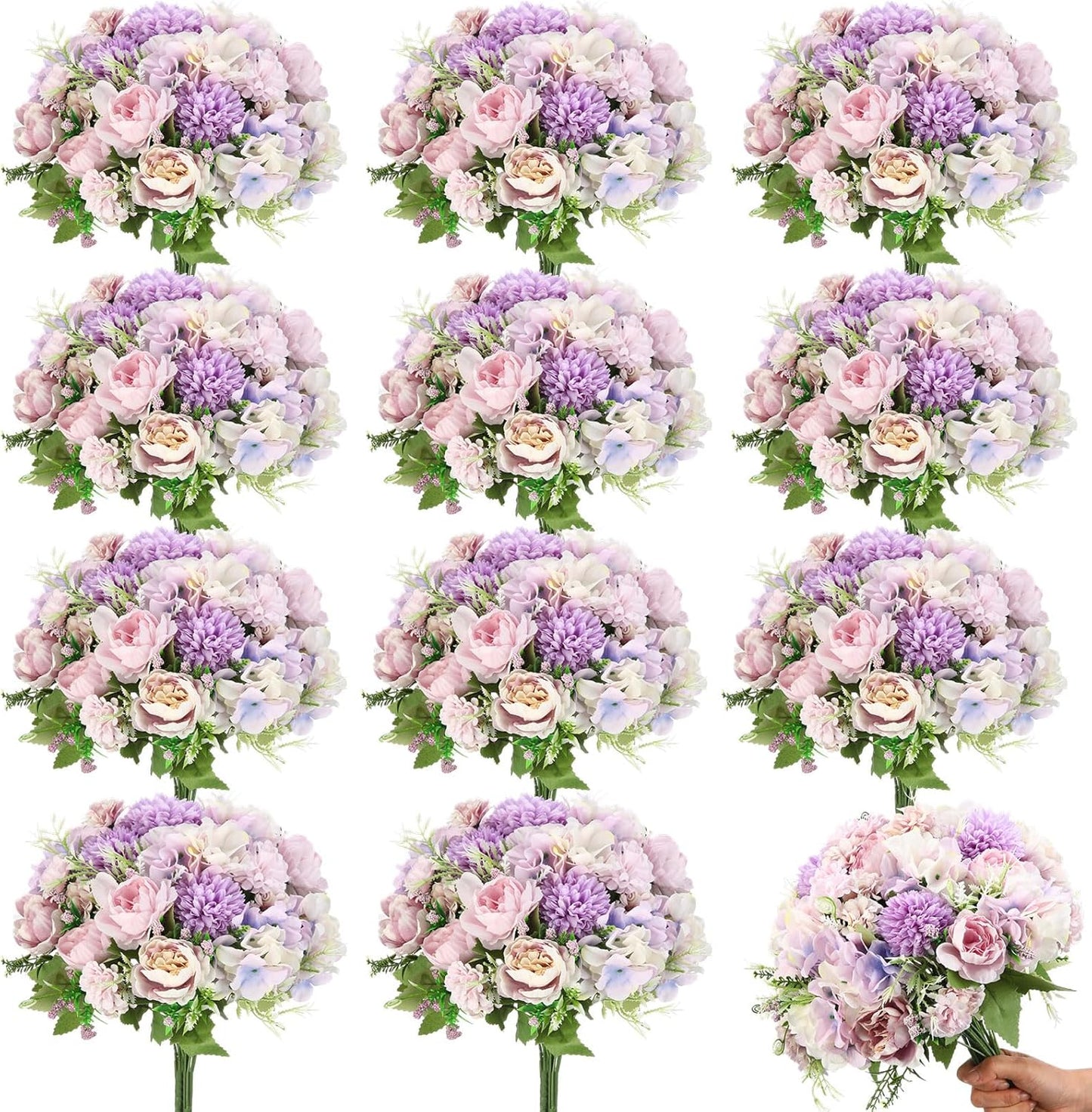 Tigeen Artificial Flowers Artificial Peonies Silk Flowers Faux Peony Fake Peony Silk Hydrangea Bouquet for Wedding Table Centerpiece Floral Vase Decor(Purple,24 Bundles)